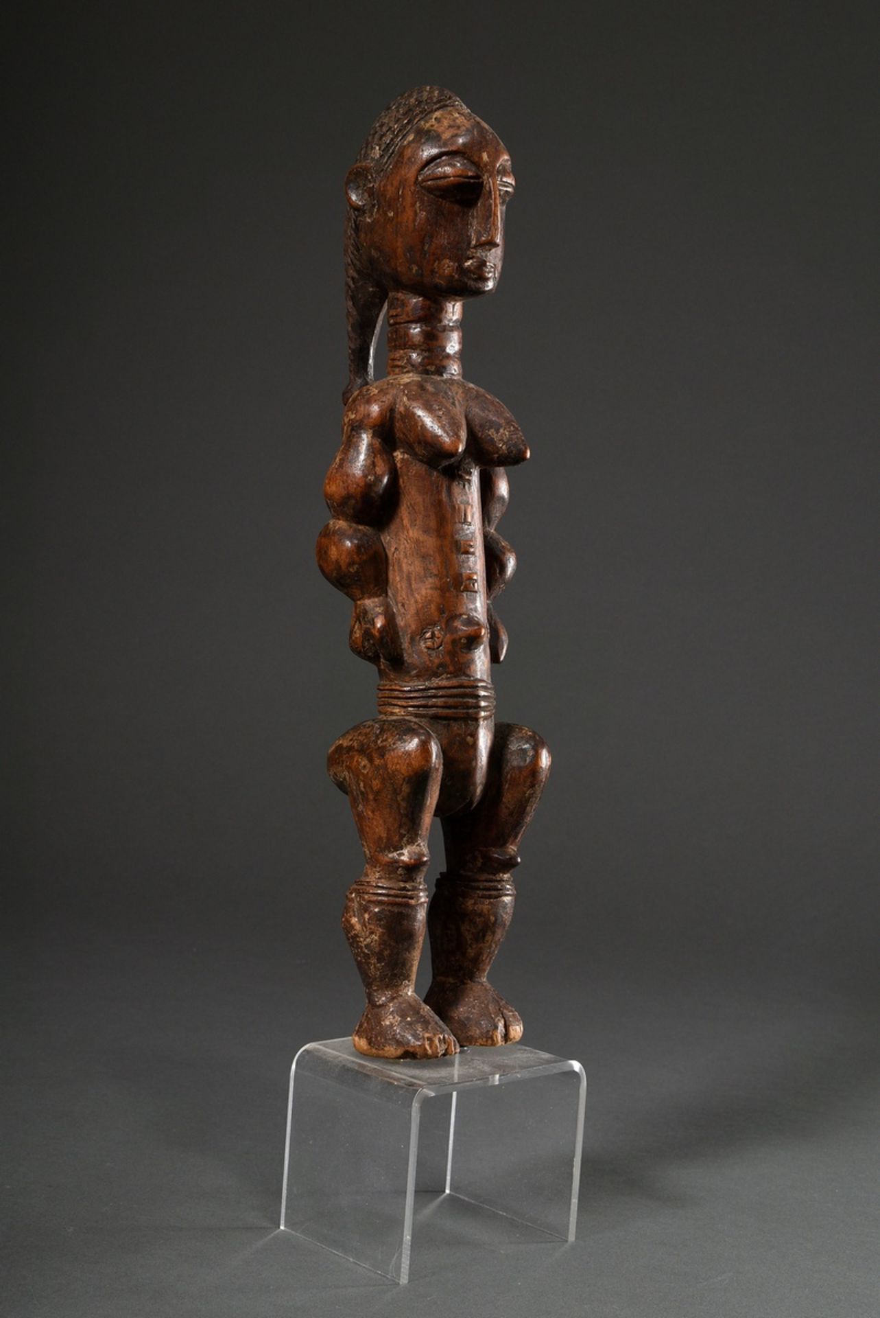 Female African ancestor figure "Blolo bla" with scarifications, carved wood with remains of old pat