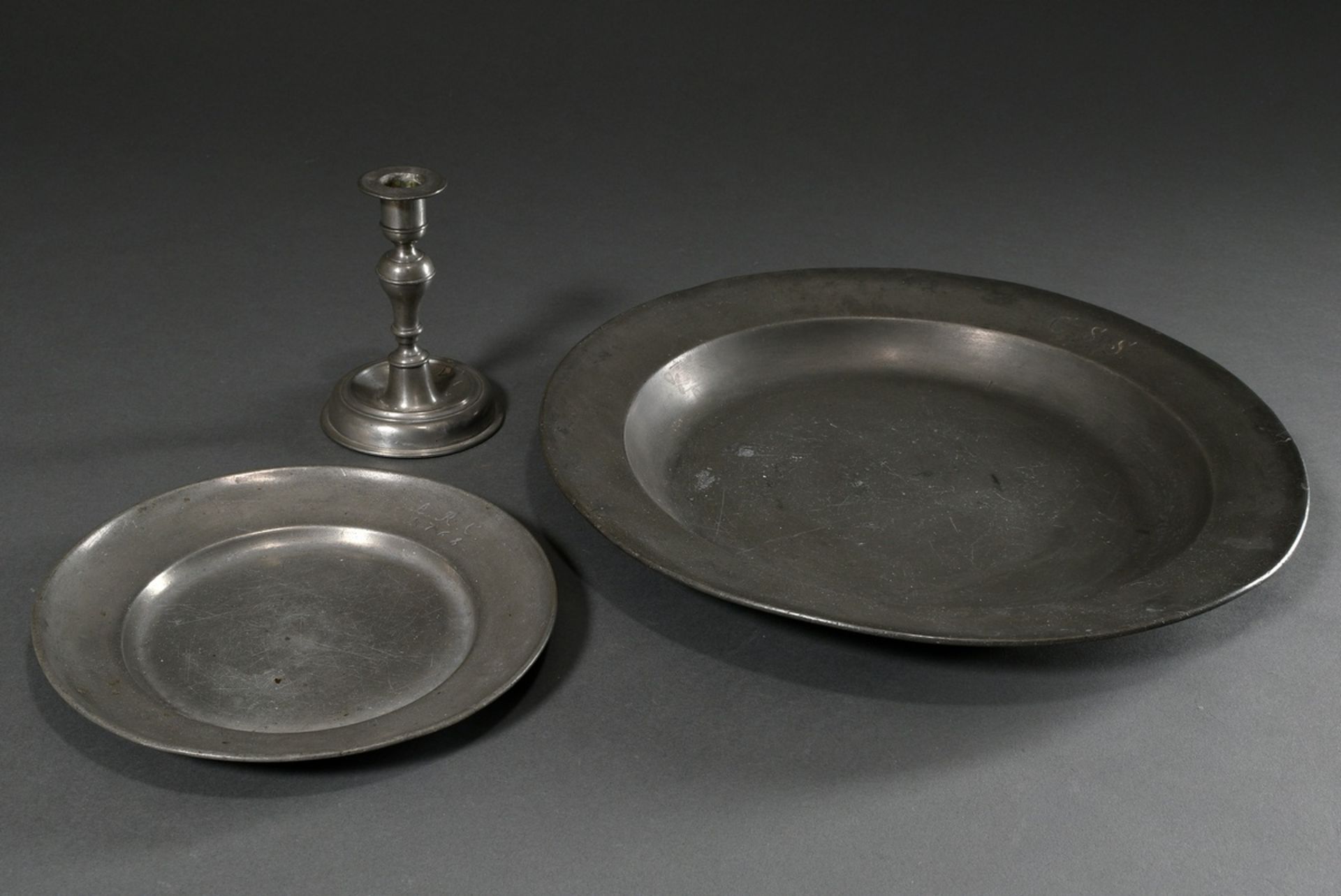 3 Various pieces of pewter, 18th century: large plate with engraved owner's monogram "C.S.S. 1775", - Image 8 of 11