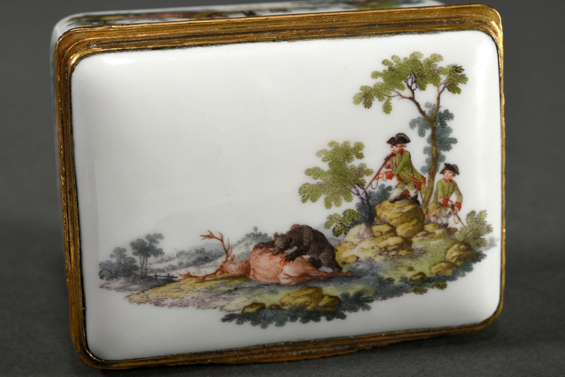 Rectangular Meissen tabatiere with flawless polychrome painting "Hunting Scenes" on the body as wel - Image 6 of 9