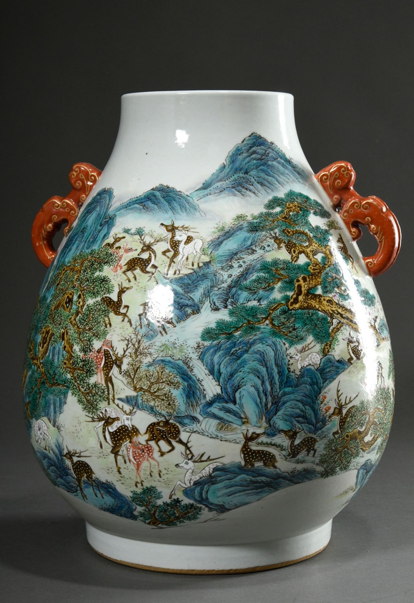 Große bauchige Balustervase mit polychromer Bemalung "Hundert Hirsche in Landschaft mit Kiefern", H - Bild 2 aus 8