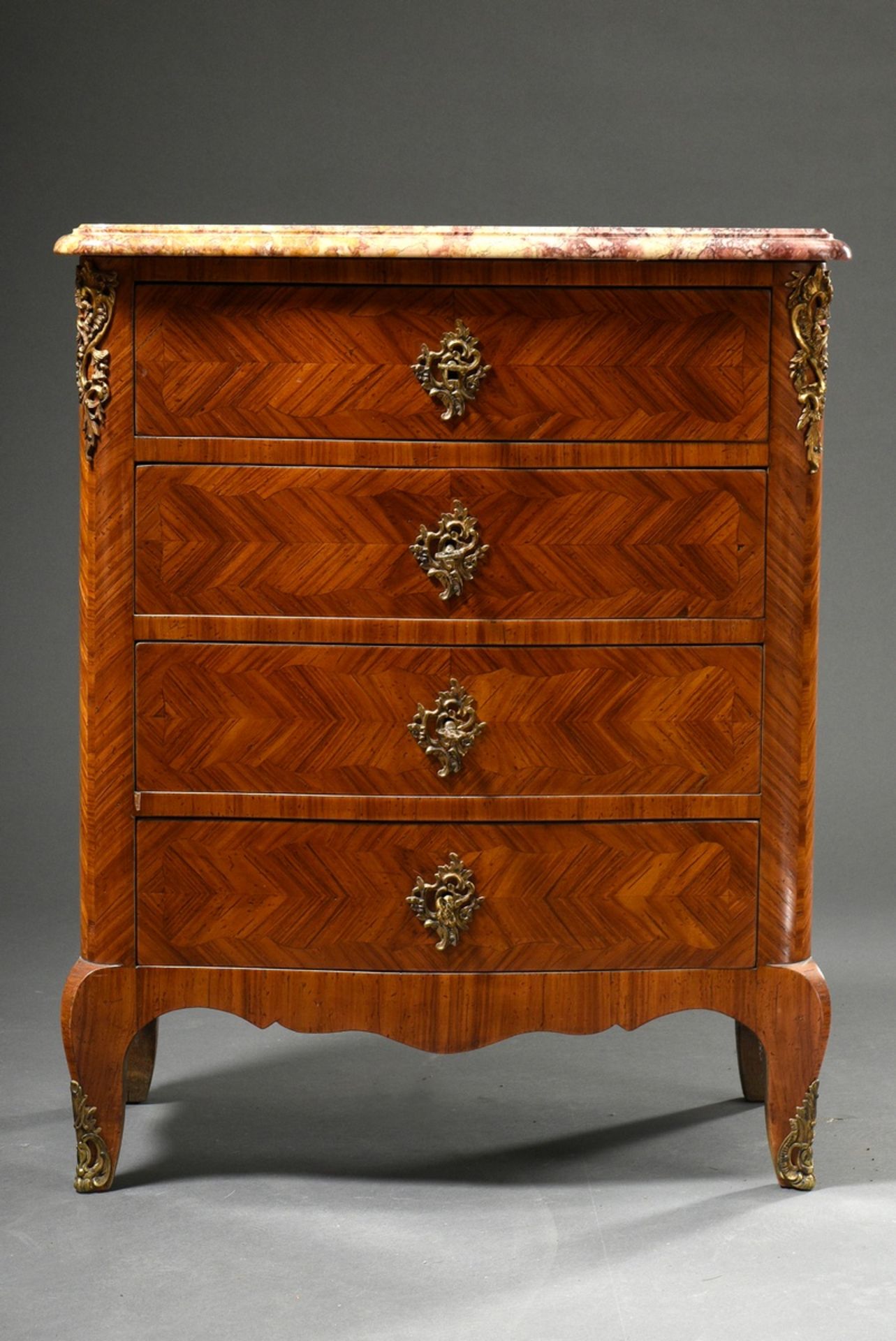 Small chiffonnier with rosewood herringbone marquetry and reddish marble top as well as gilded bron - Image 3 of 10