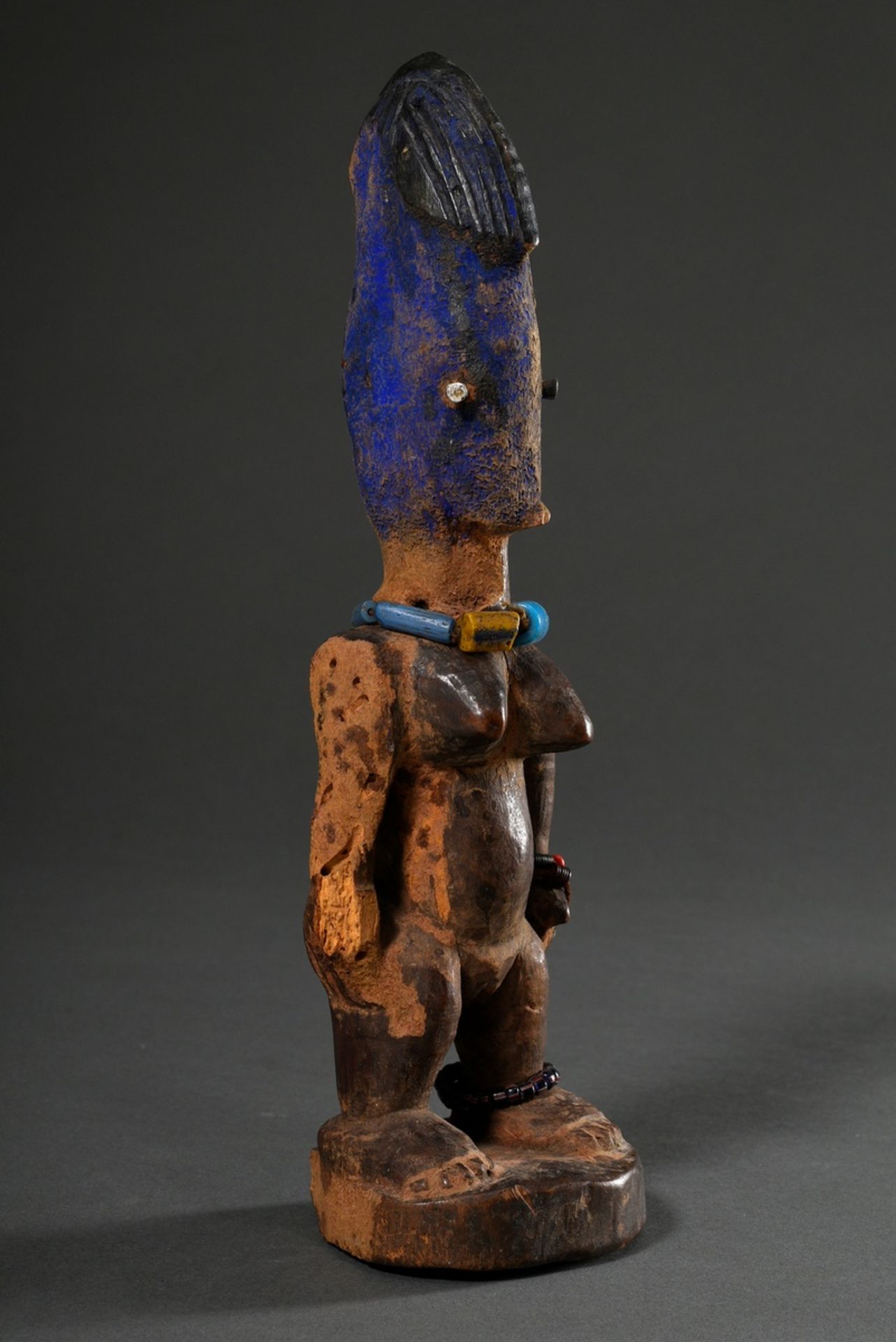 Female Yoruba Ibeji figure with beaded jewellery and blue painting and nailed eyes, Nigeria, h. 26c - Image 2 of 7