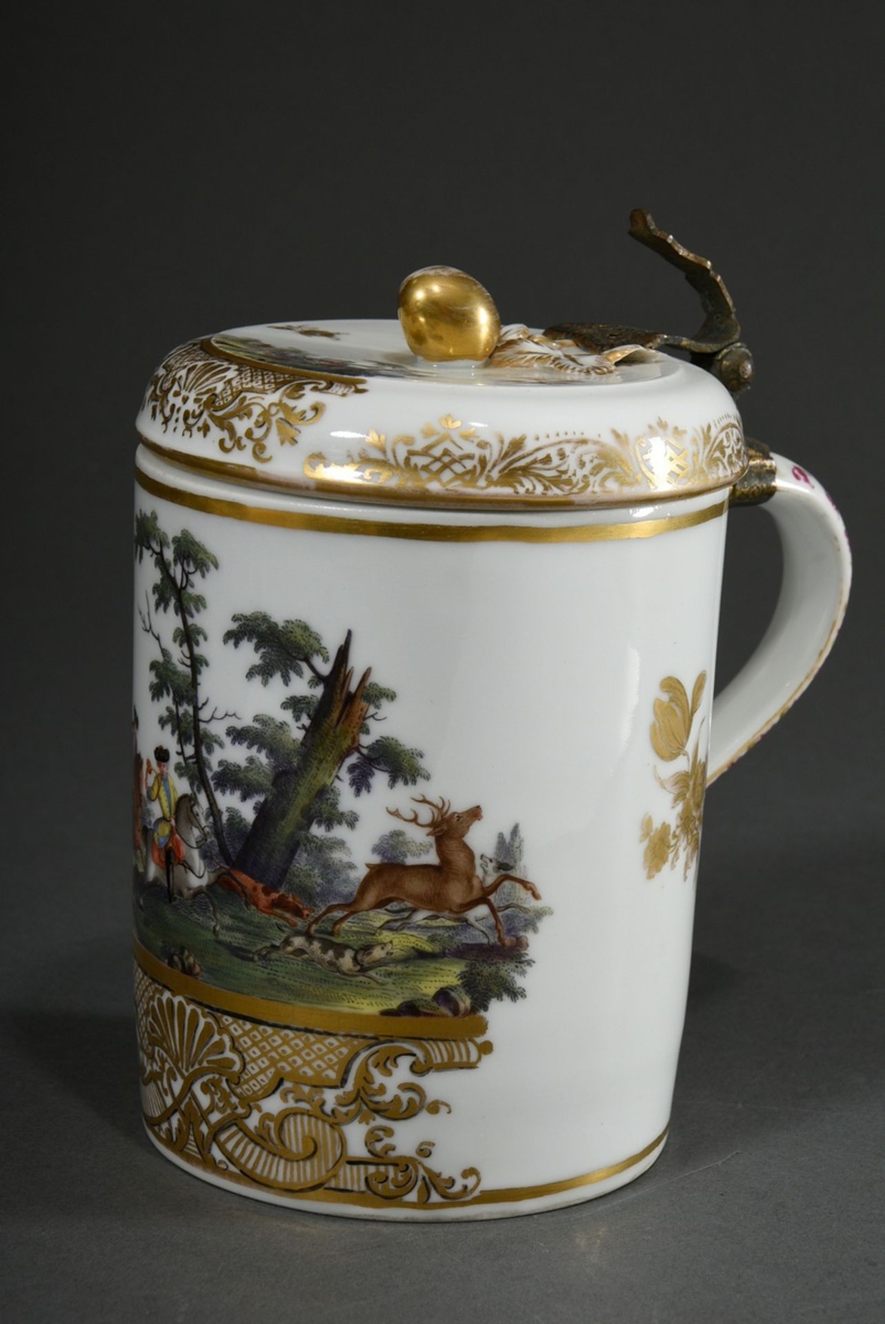 Porcelain cylindrical jug with polychrome scenes "Hirschhatz und Jäger" on the front and body as we - Image 2 of 8