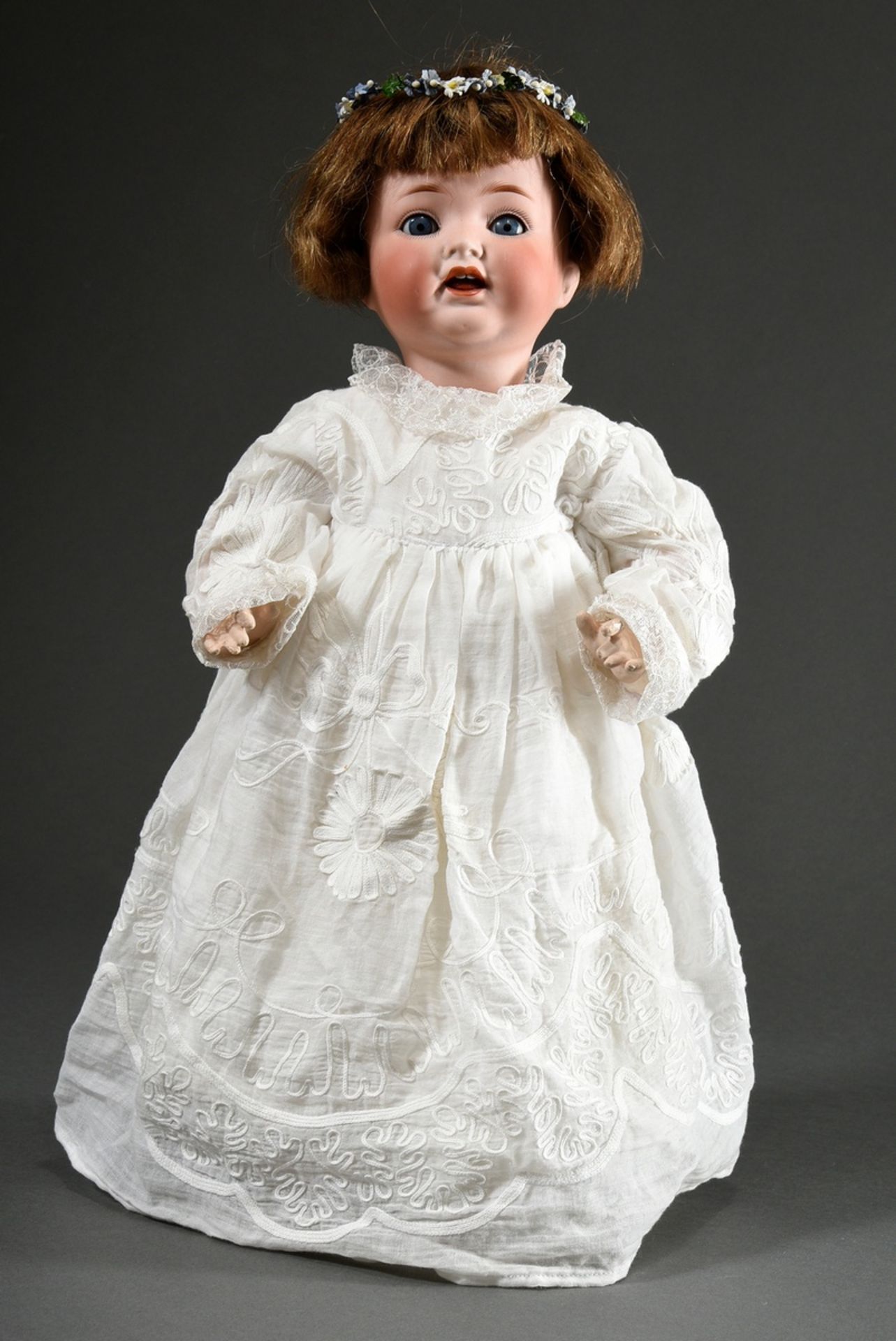 Ernst Heubach doll with bisque porcelain crank head, blue sleeping eyes, painted eyelashes, open mo