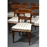 6 Biedermeier Stühle mit reich beschnitztem Gestell: Rückenbrett mit Akanthusblättern und Muschelmo