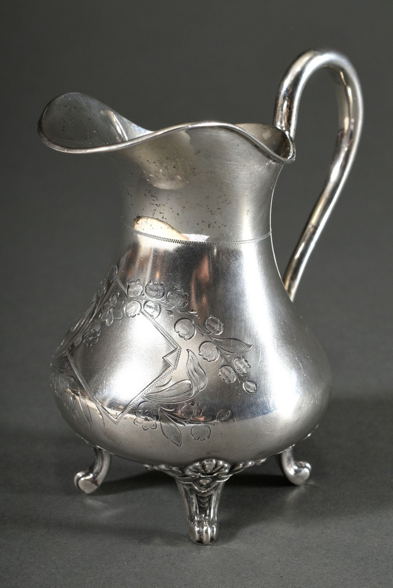 Cream jug with floral engraving "Lily of the Valley" on feet, c. 1890, Manufact. Emil Hofmann/Hambu
