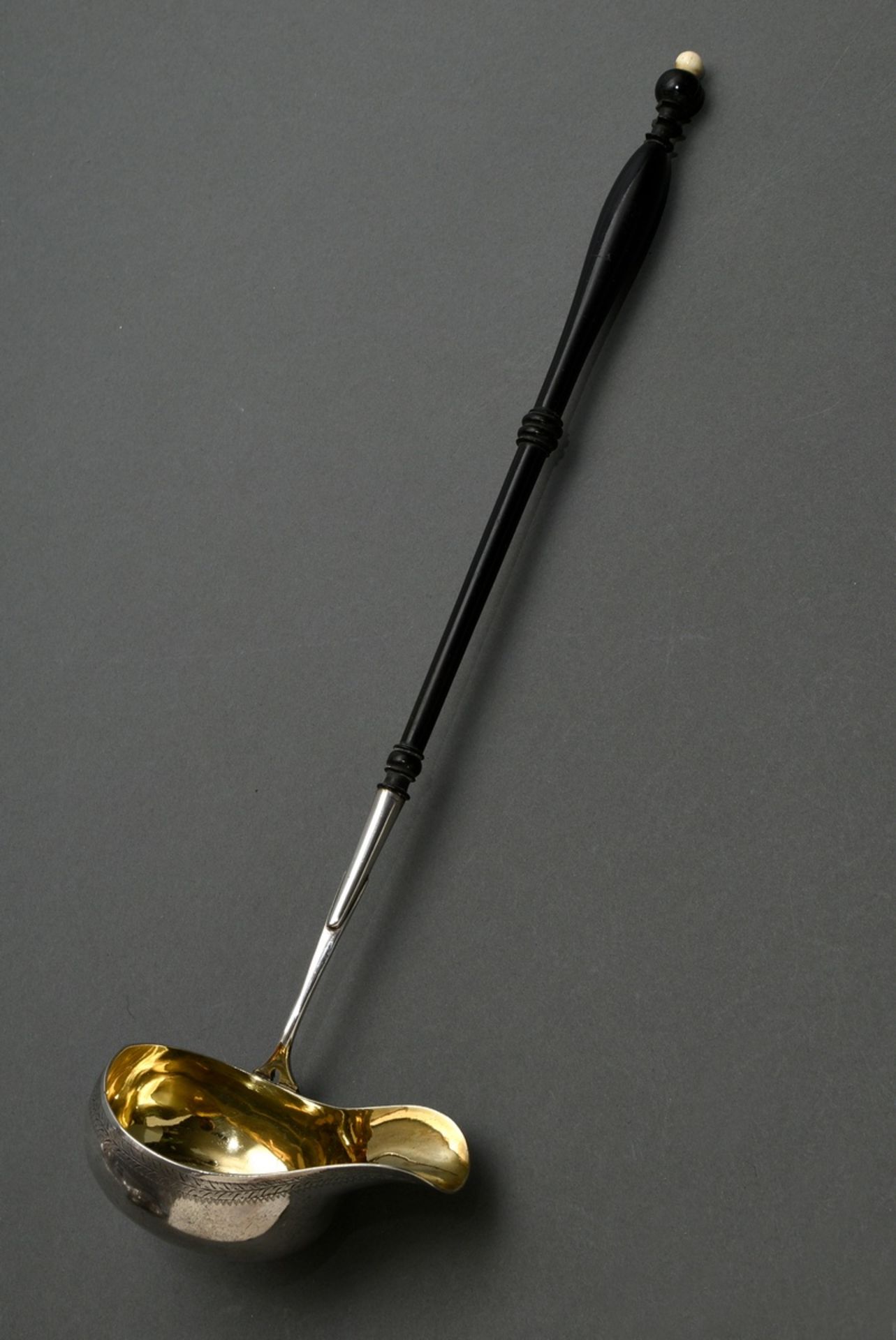 Hamburg punch ladle with engraved ornamental frieze, leaf relief and black turned wooden handle, do - Image 2 of 5