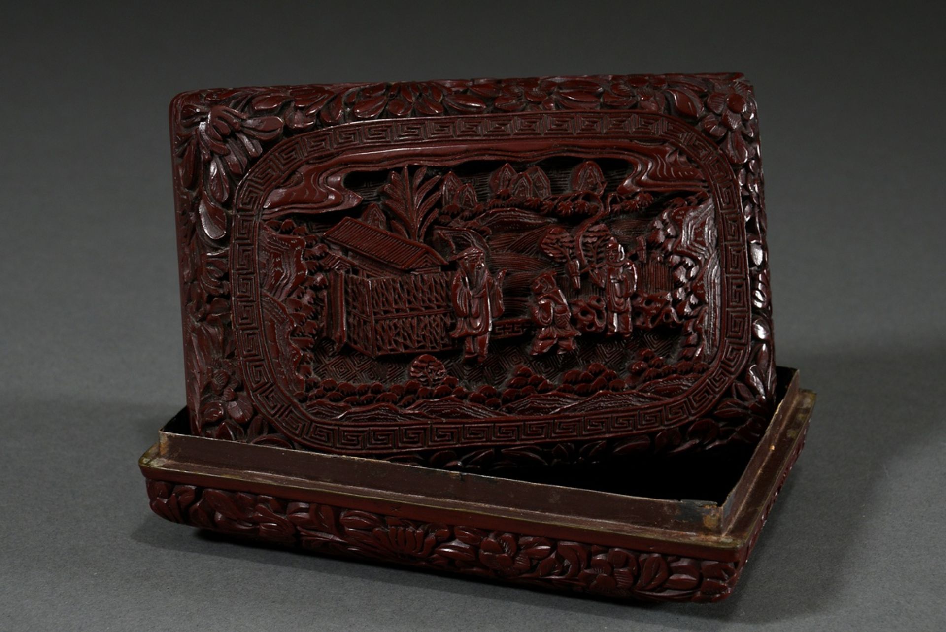 4 Various red carved lacquer objects: small round paper mache lidded box "Three playing children" ( - Image 10 of 19