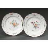 2 Antique porcelain plates with polychrome floral painting and brown rim, 18th century, bottom with