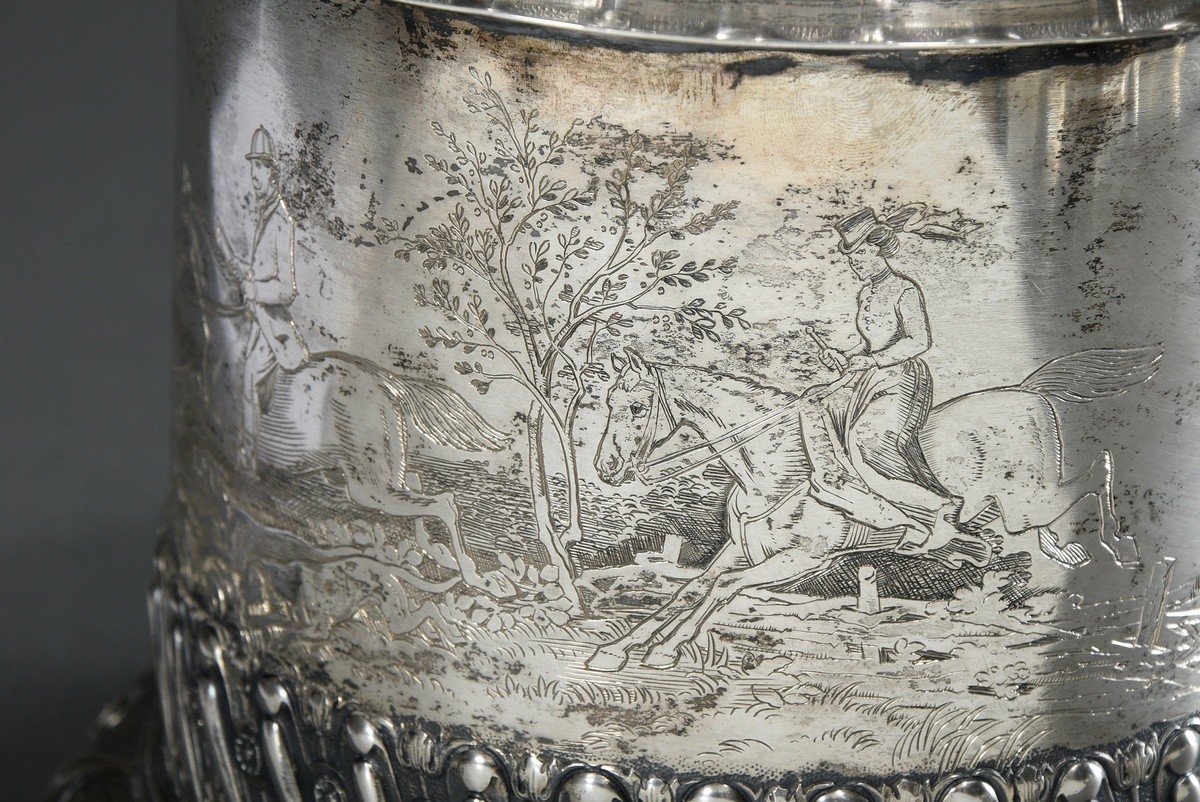 Large Historicist lidded tankard after a Baroque model with ornamentally chased friezes and foot as - Image 5 of 12