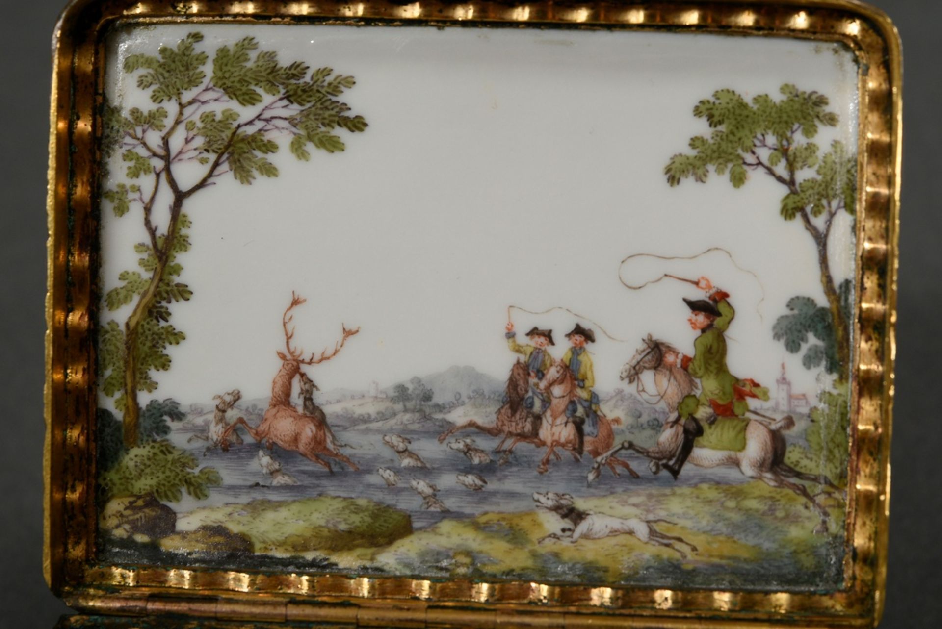 Rectangular Meissen tabatiere with flawless polychrome painting "Hunting Scenes" on the body as wel - Image 8 of 9