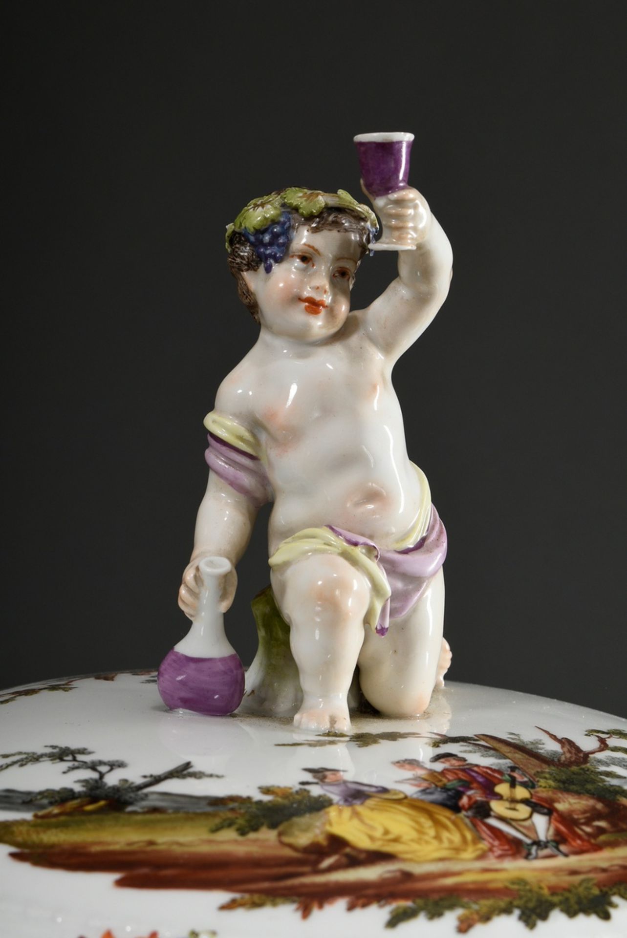 Large KPM lidded tureen of spherical form with figural knob "Bacchus boy with raised glass", the wa - Image 3 of 13