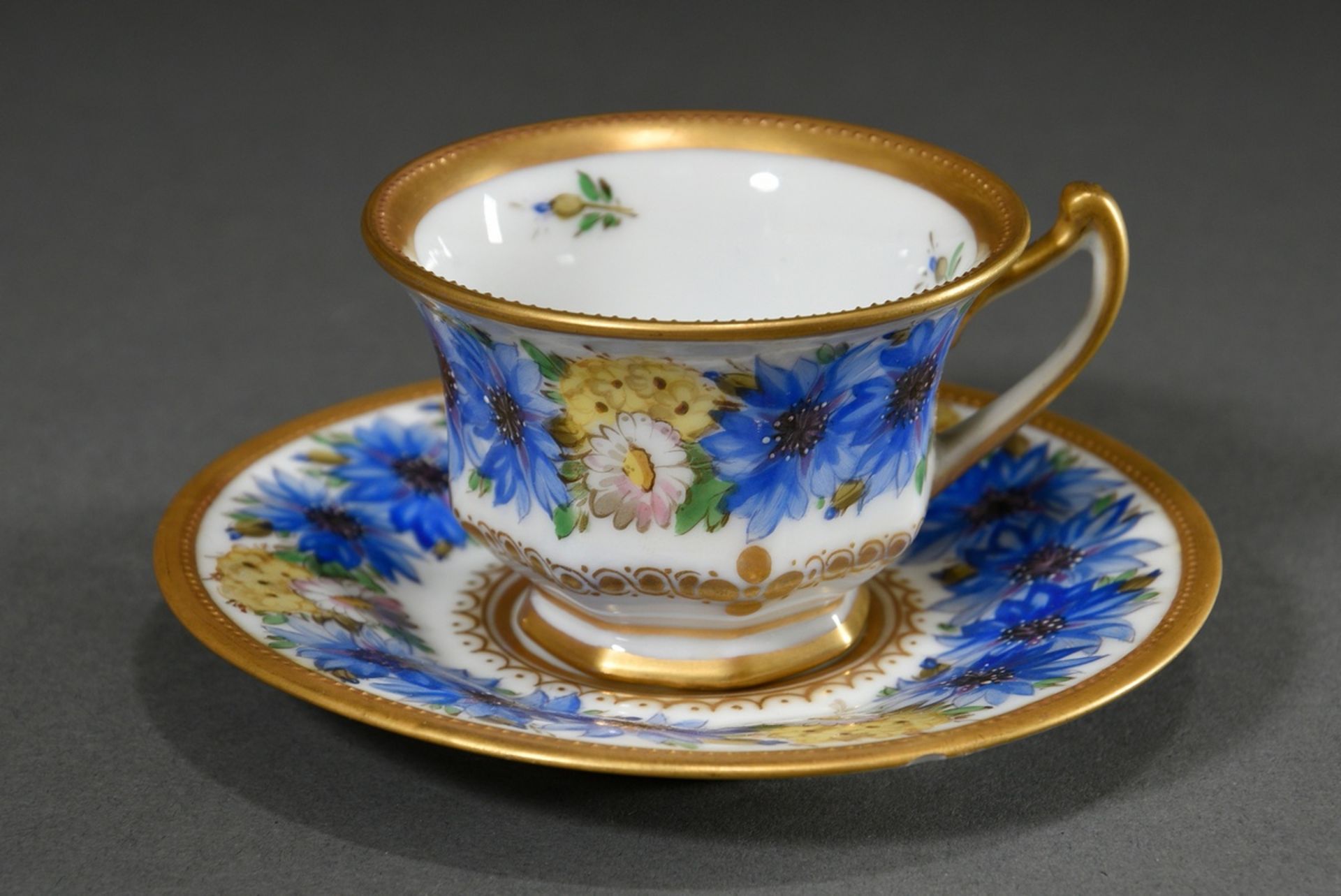 Splendid mocha cup/saucer with polychrome painting "cornflowers" and gold decoration, Ambrosius Lam - Image 2 of 5