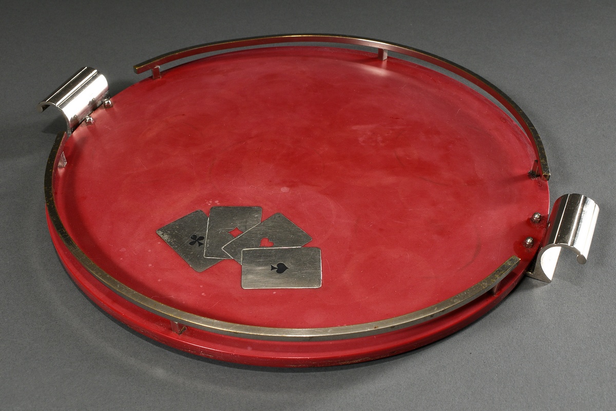 Red Art Deco Bakkelite tray with chrome handles and rim as well as inlaid "playing cards", around 1