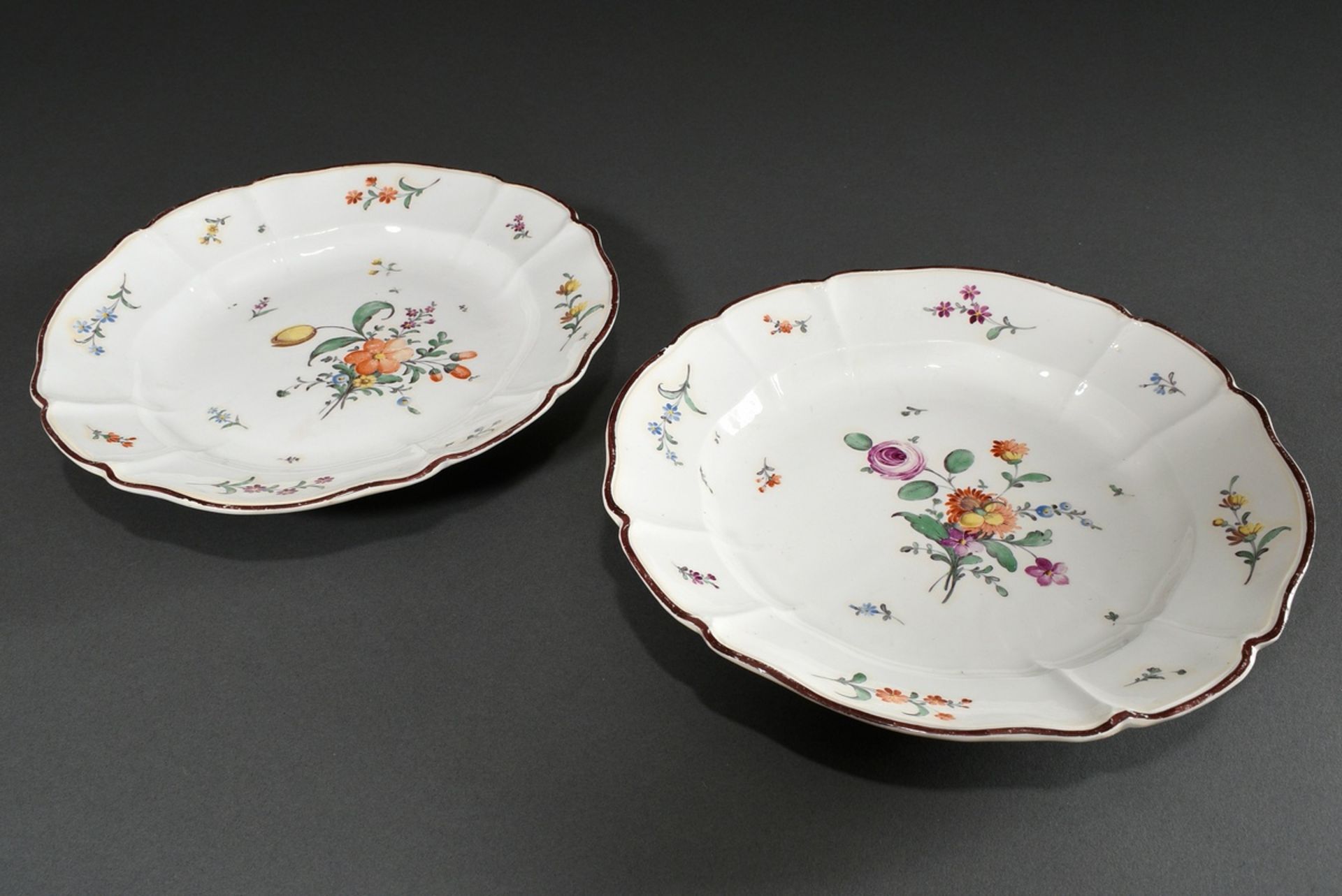 2 Antique porcelain plates with polychrome floral painting and brown rim, 18th century, bottom with - Image 2 of 6