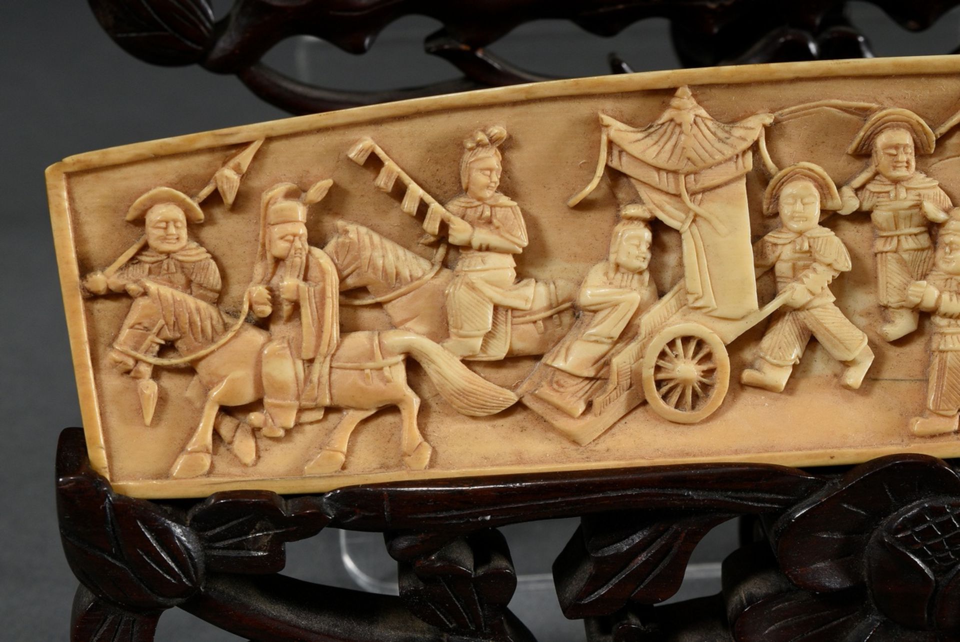 2 Various ivory relief carvings "Battle scene and "Prince's procession in Ming style", carved bases - Image 5 of 13