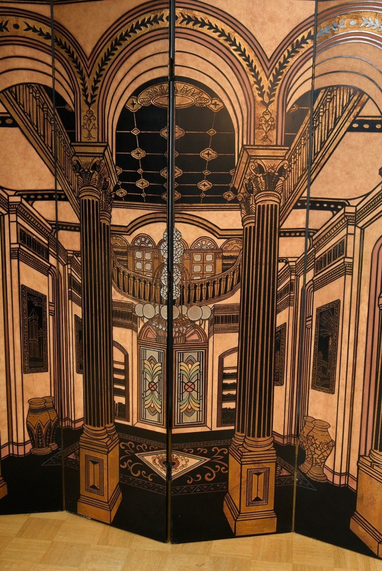 Four-part lacquer screen in Art Deco style with "interior depiction", wood relief set and gilded, 2 - Image 2 of 4