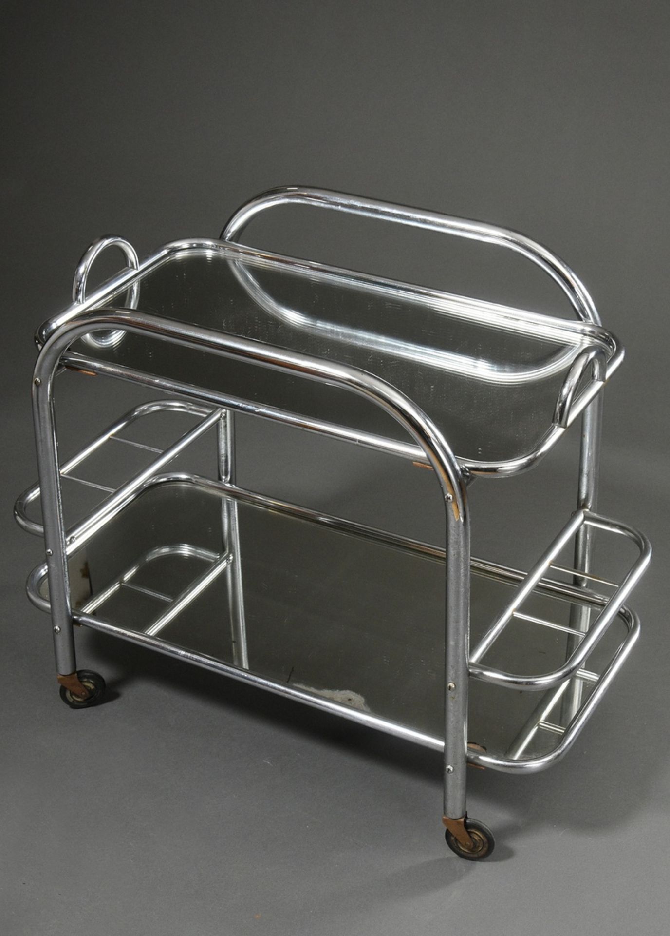 Art Deco bar trolley with removable tray and bottle compartments, tubular steel with mirrored surfa - Image 2 of 3