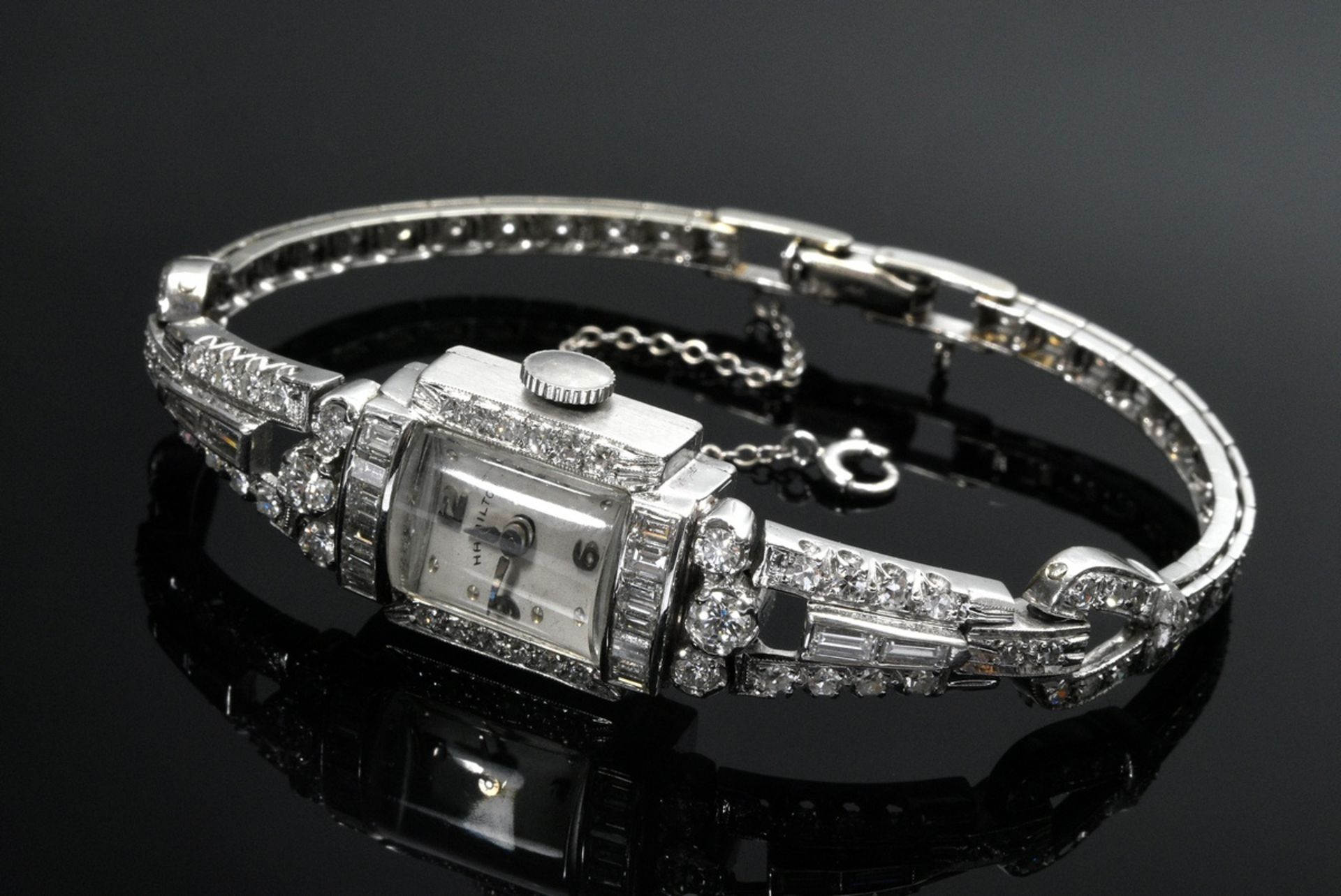 Elegant Art Deco Hamilton white gold 585 wristwatch set with diamonds (total approx. 3.60ct/VS-P1/W