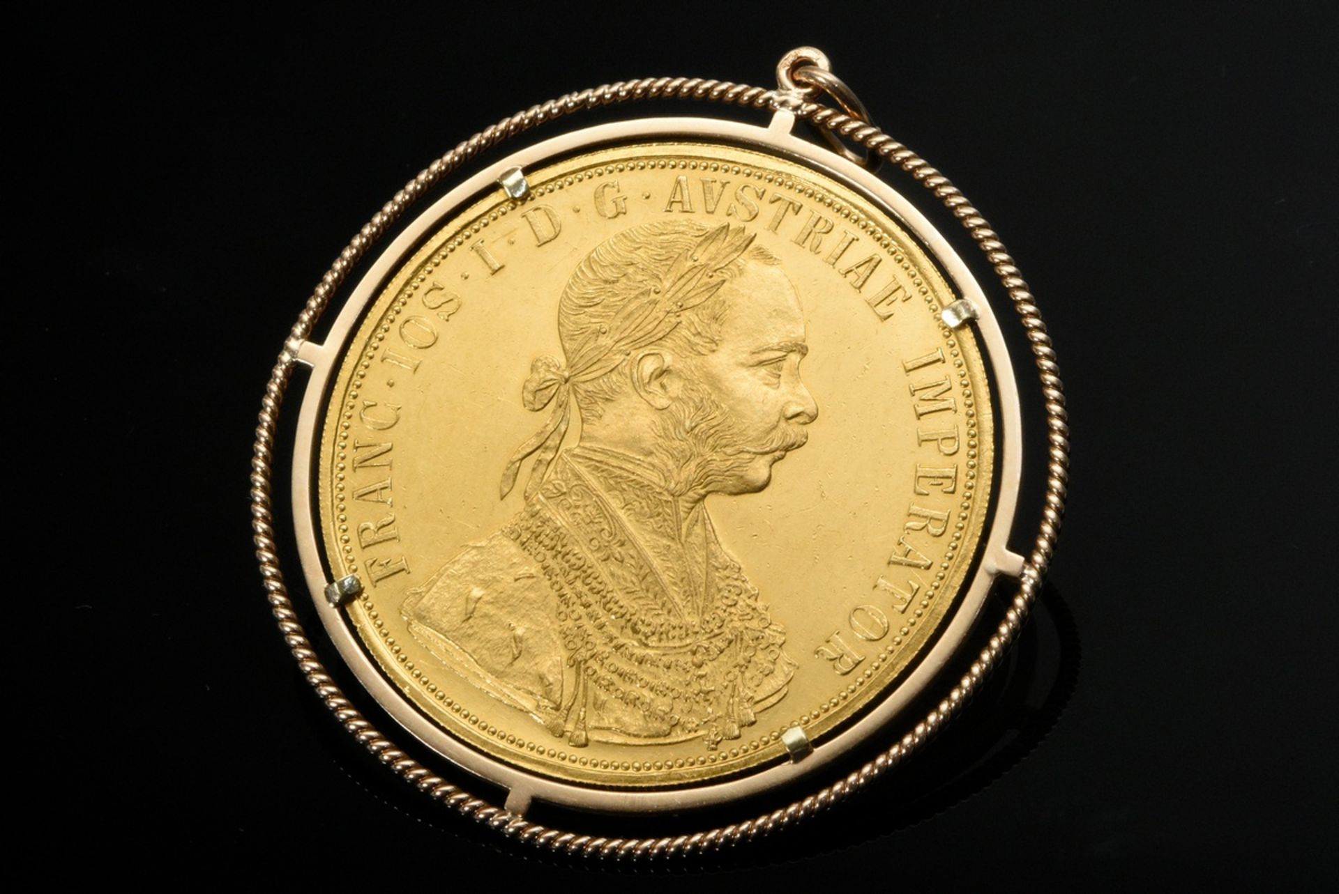 Yellow gold 585 coin pendant with yellow gold 900 "4 ducat coin, Emperor Franz Joseph I., 1915", 18