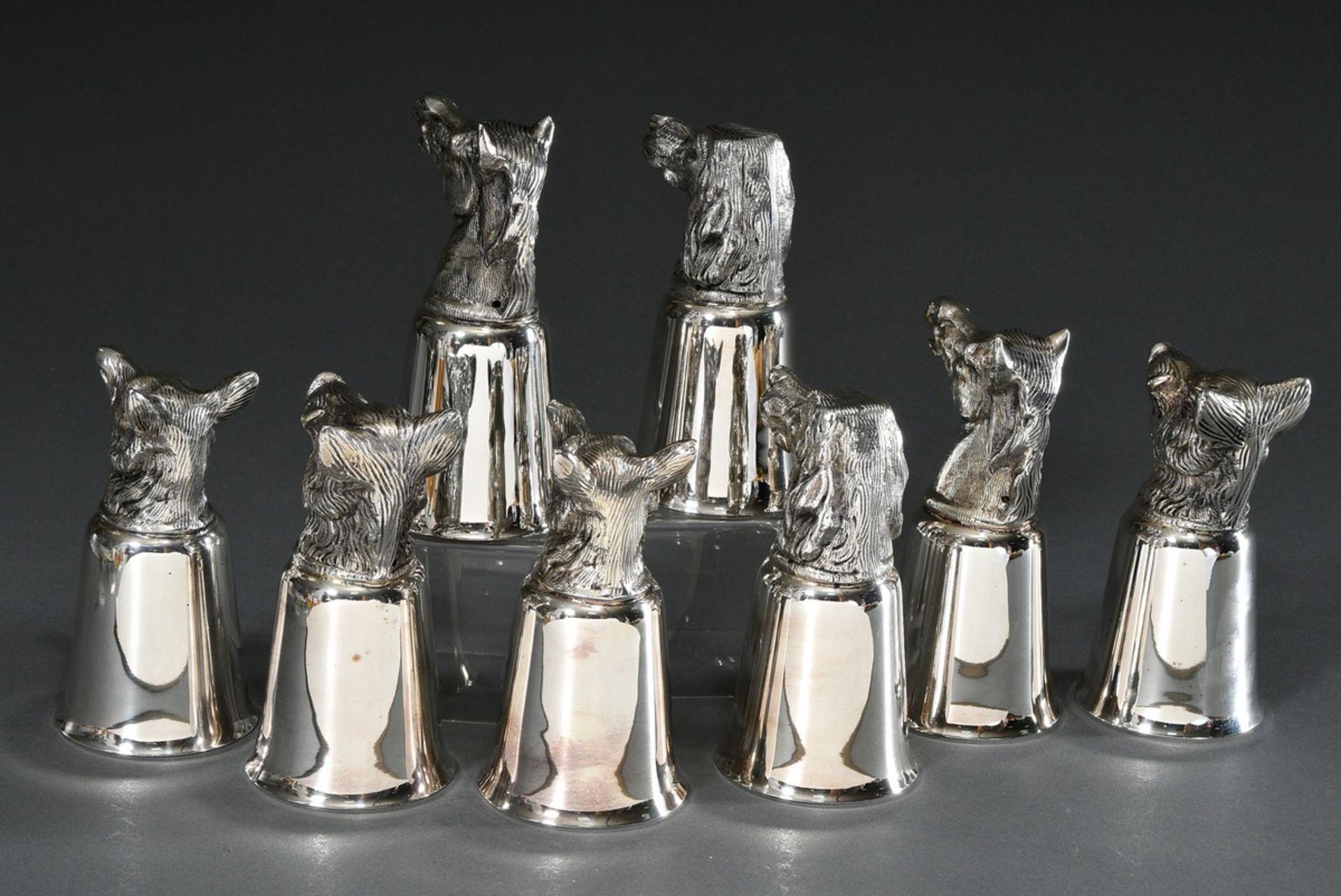 8 Hunting tumblers with plastic animal heads "horse, hunting dog, fox, wild boar", 20th century, br - Image 4 of 6