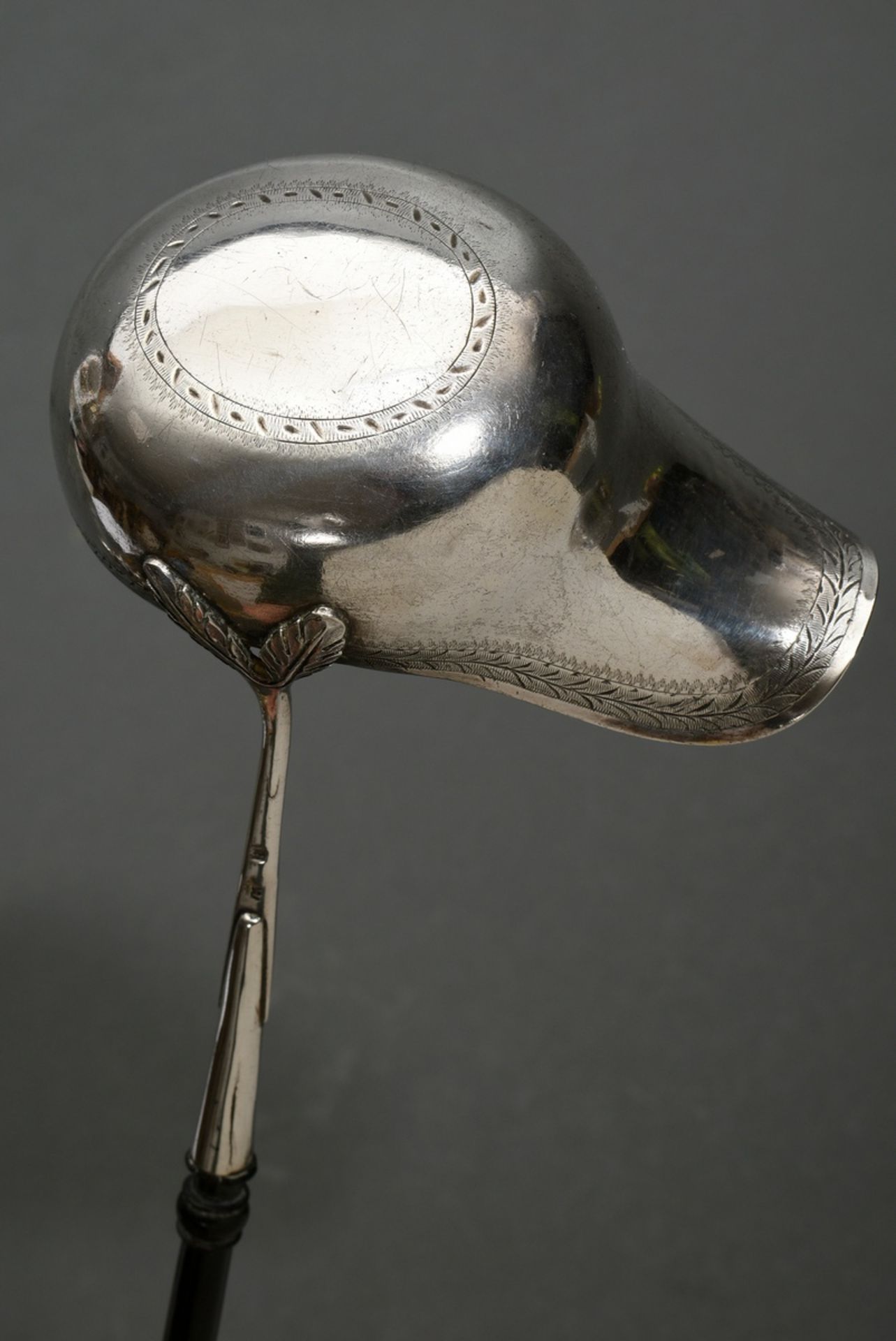 Hamburg punch ladle with engraved ornamental frieze, leaf relief and black turned wooden handle, do - Image 4 of 5