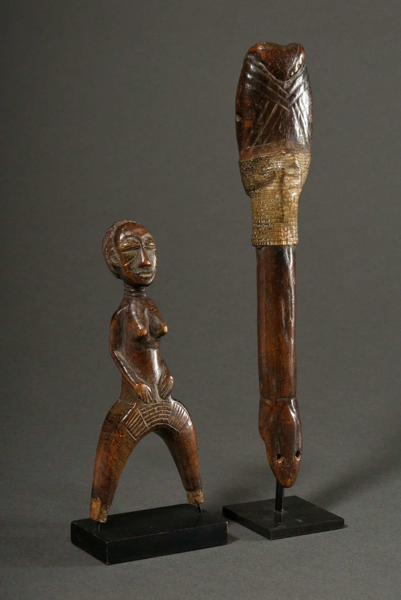2 Various African carving fragments: Baule slingshot "Woman with spread legs" (verso inscr. "Coll. 
