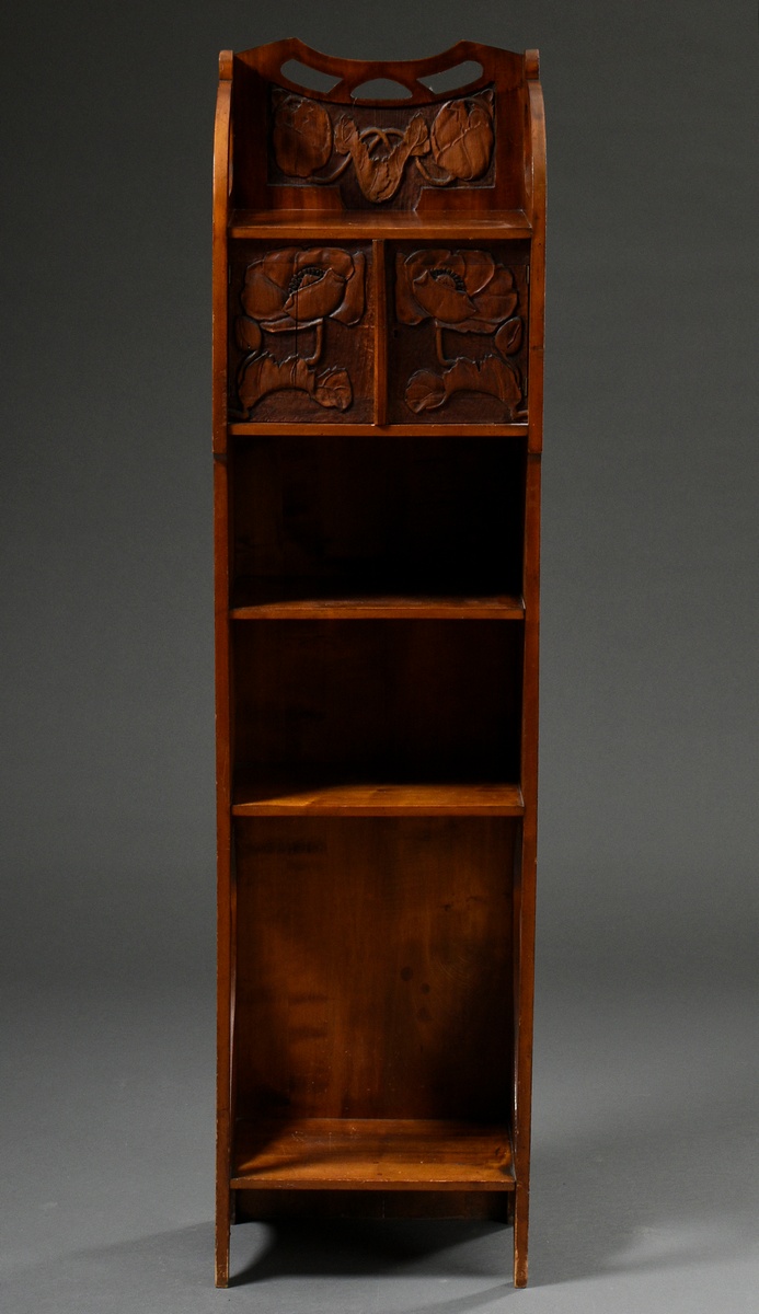 Narrow Art Nouveau shelf with two-door compartment and ornamentally carved frame as well as "poppy - Image 2 of 8