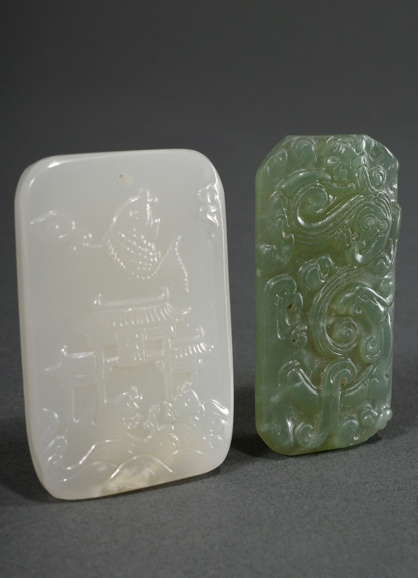 2 rectangular jade plaques: 1 white cloudy "Two carps in the water in front of a city gate" and 1 g