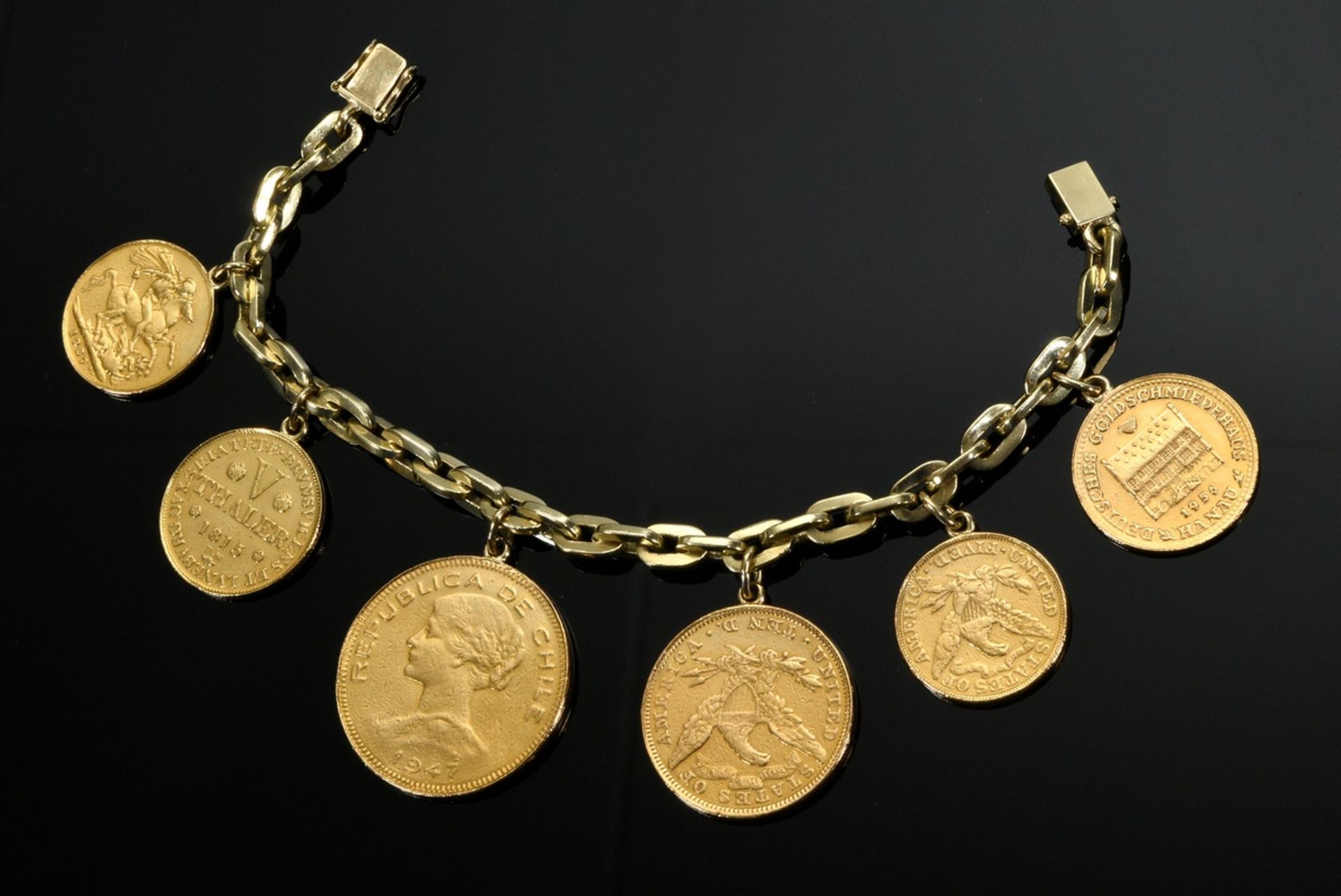 Yellow gold 585 bracelet with 6 international yellow gold 896, 900, 916 coins: 1 Pound Sovereign, 5 - Image 2 of 4