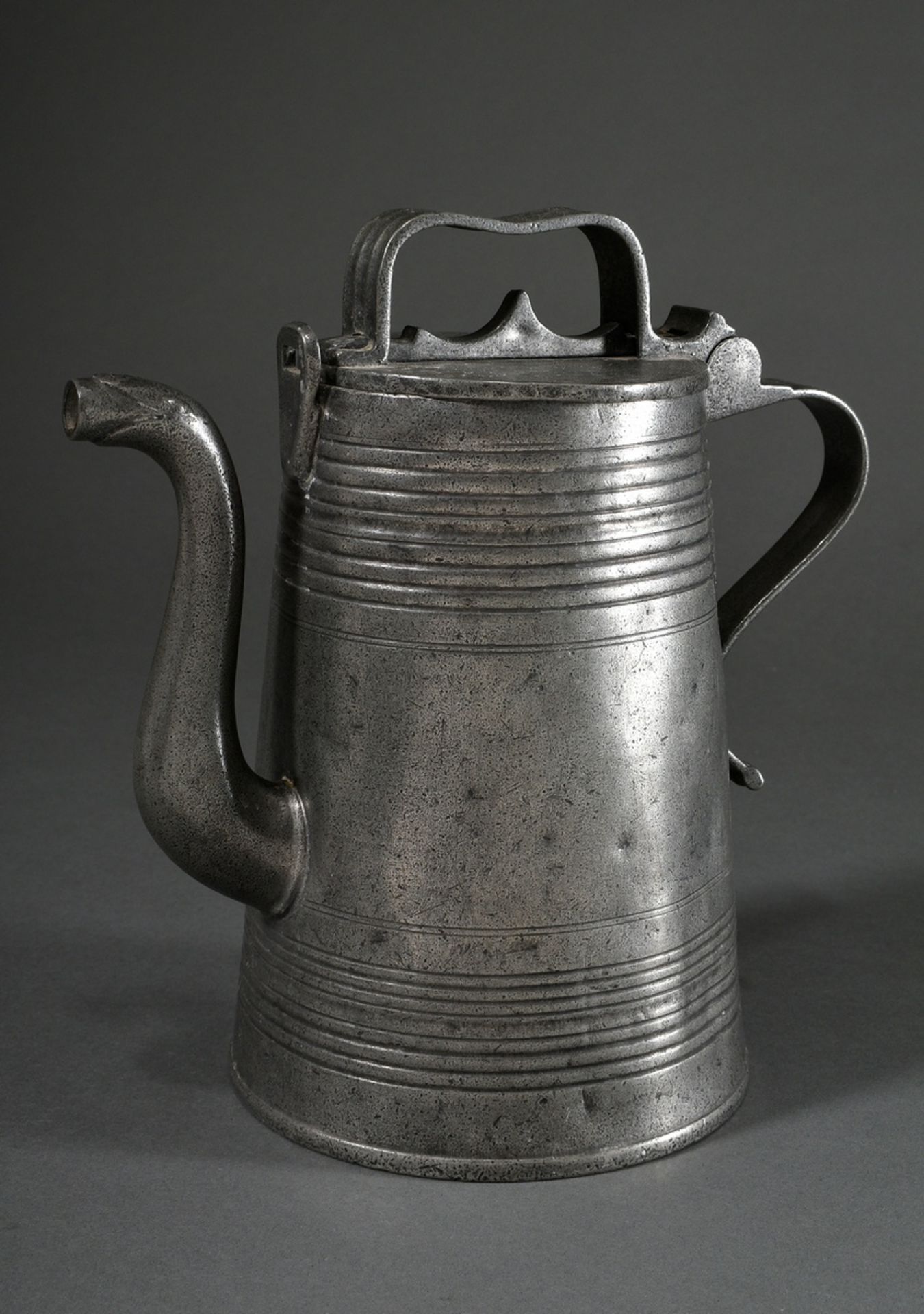 Conical pewter harvesting jug with grooved decoration, zoomorphic spout and sliding closure on the