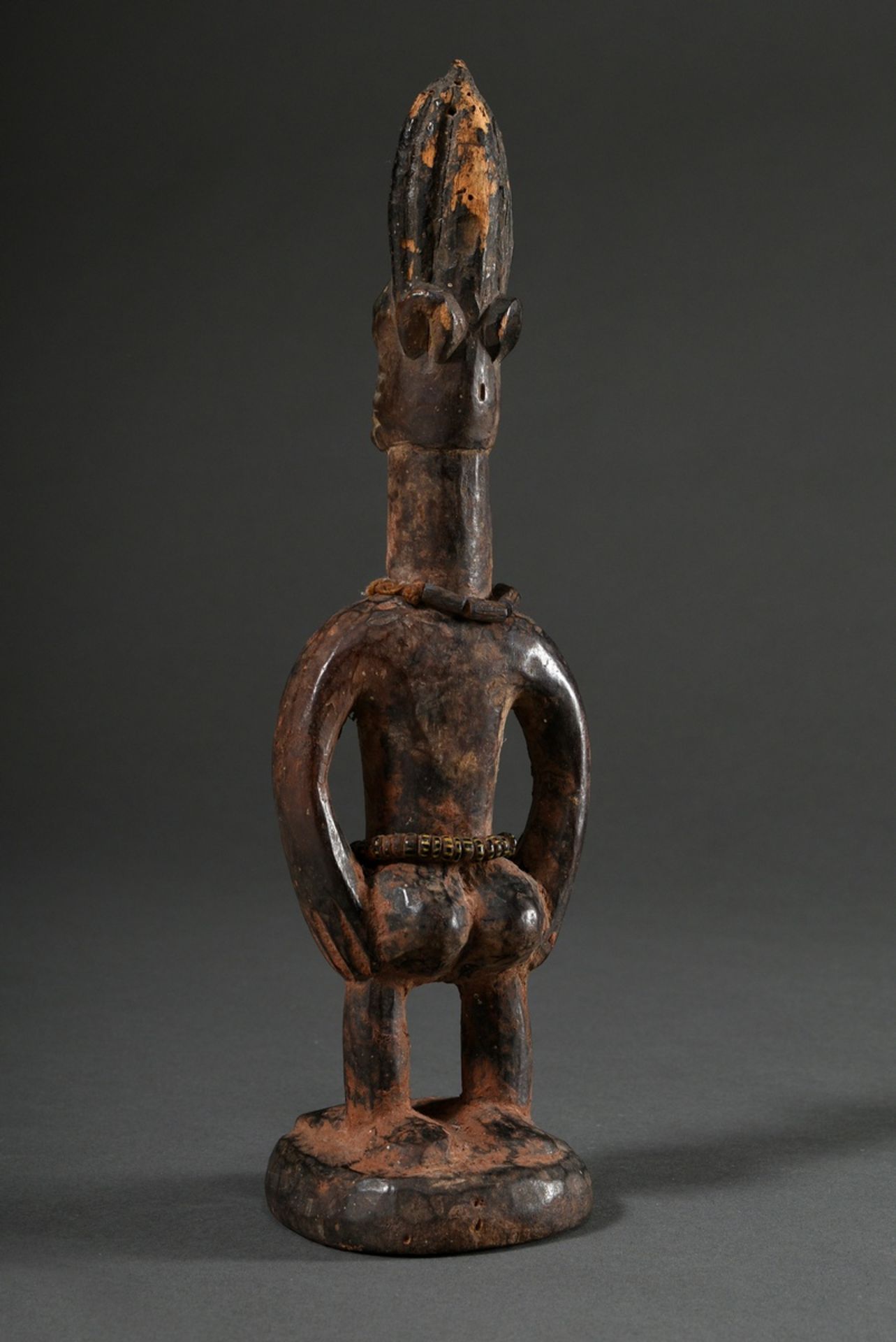 Female Yoruba Ibeji figure with beaded jewellery, Nigeria, h. 27cm, 1 breast lost, insect damage - Image 4 of 5