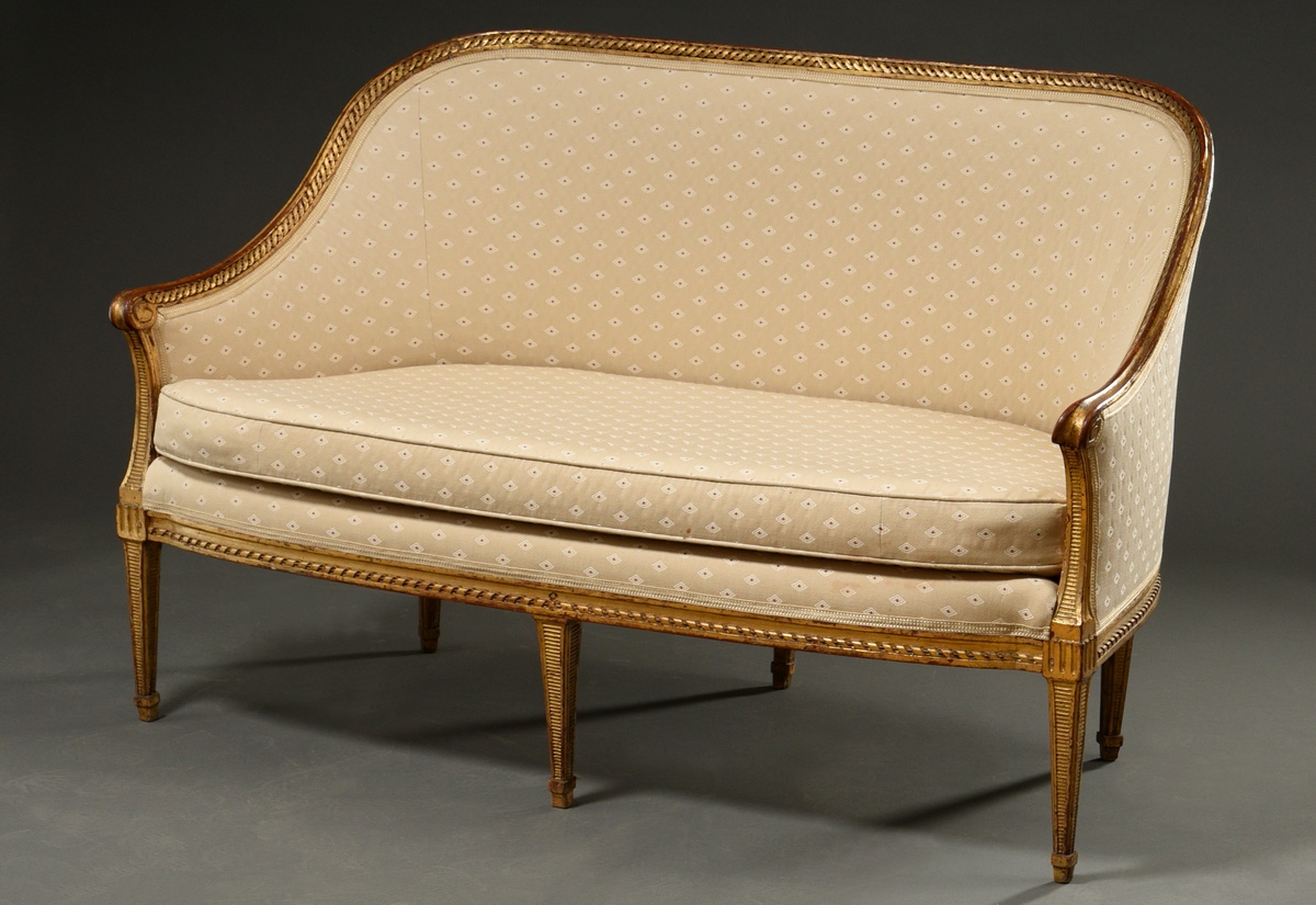 Small Louis XVI sofa with curved frame on 5 legs, carved band profiles and grooves in gilding over  - Image 2 of 8