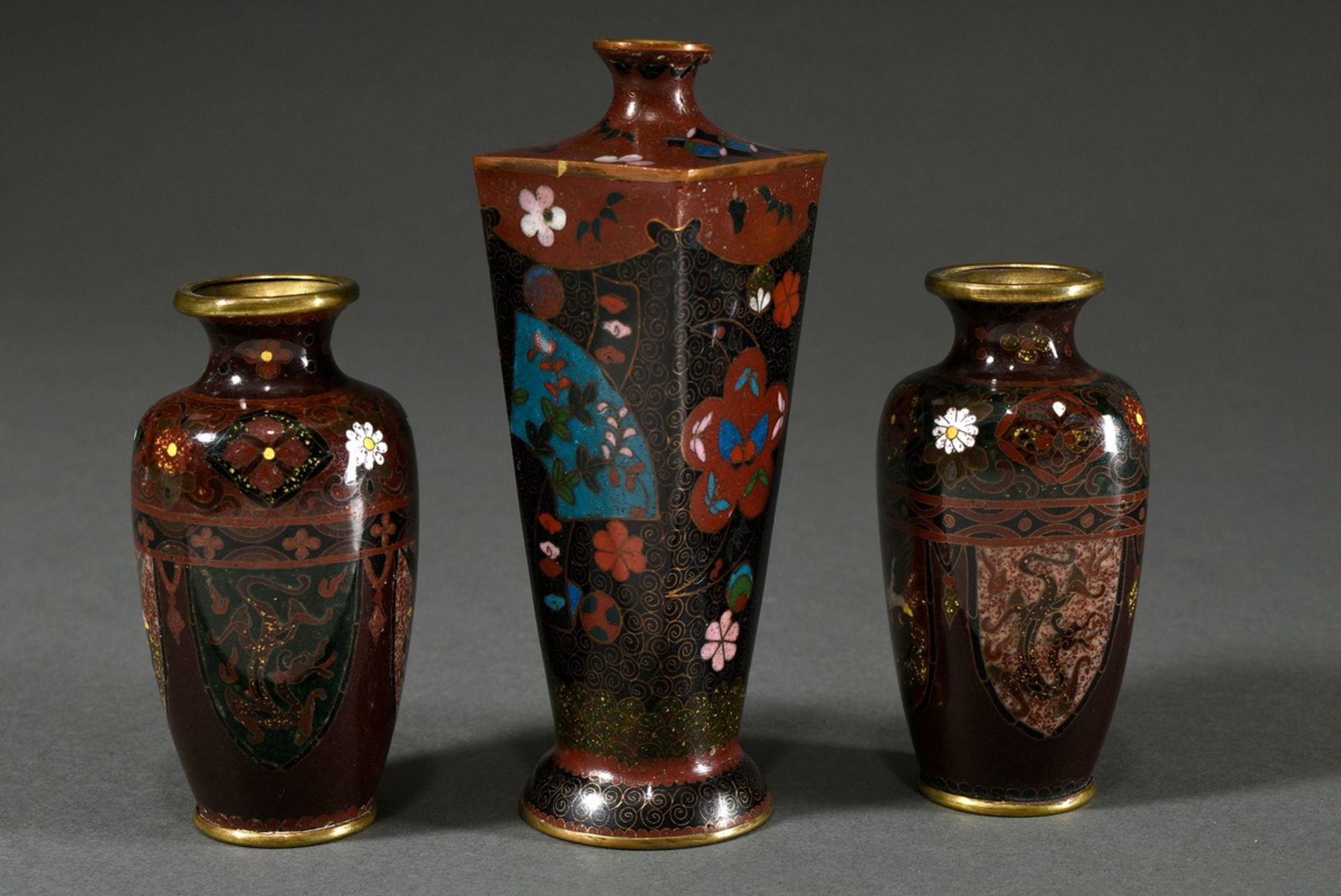 3 Various small cloisonné vases: pair with lancet-shaped cartouches "Birds and Dragons" and tall va - Image 2 of 8
