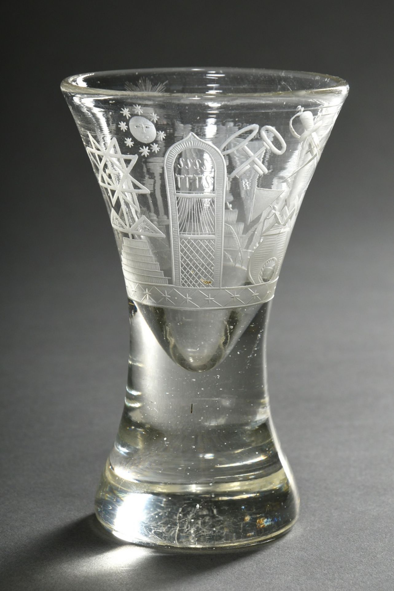 Masonic glass with high dome and projecting wall, deep and matt cut symbolism over projecting foot,