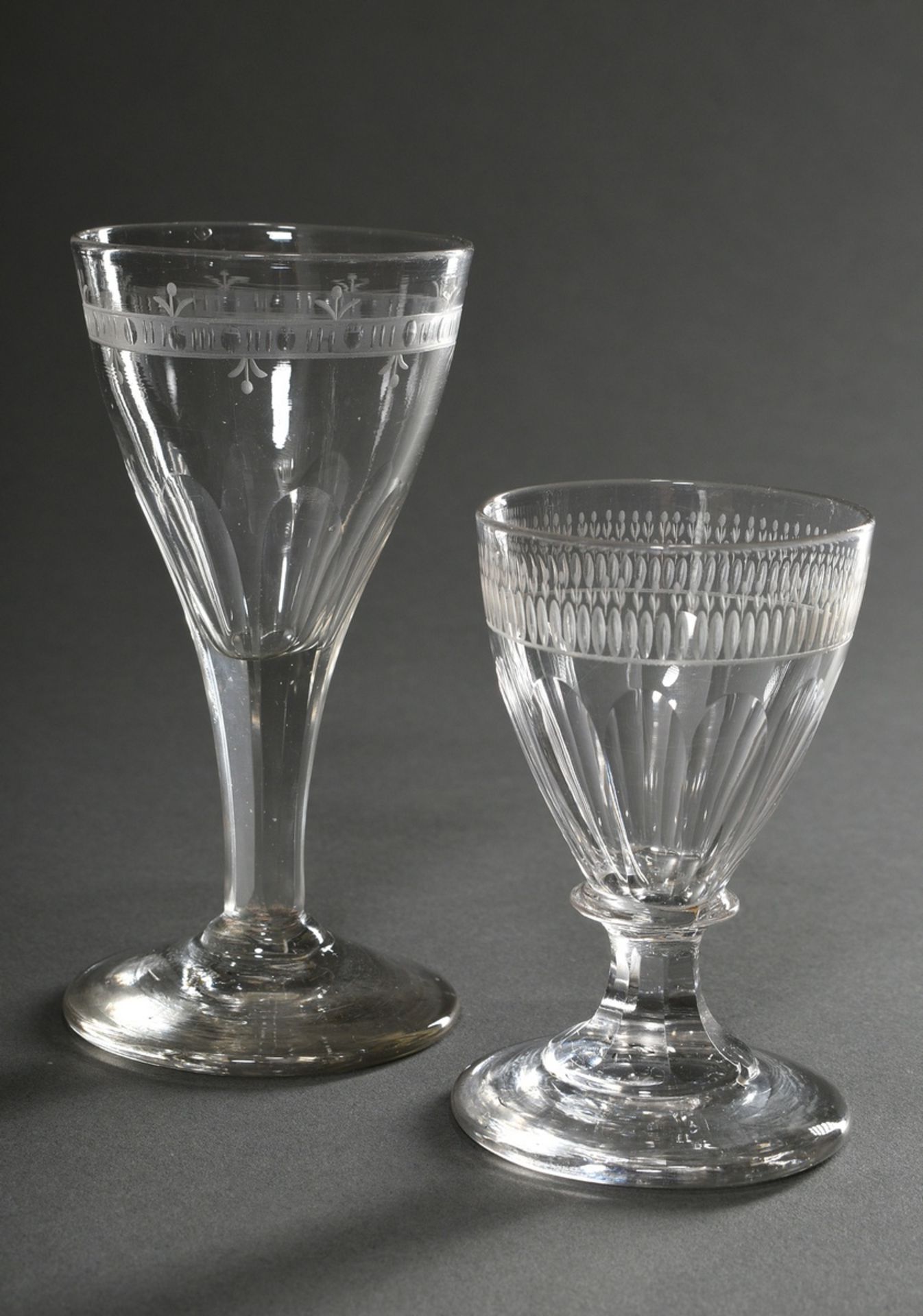 2 Louis XVI glasses with half facet and delicate floral cut, c. 1800, demolition cut out, h. 13/9,5