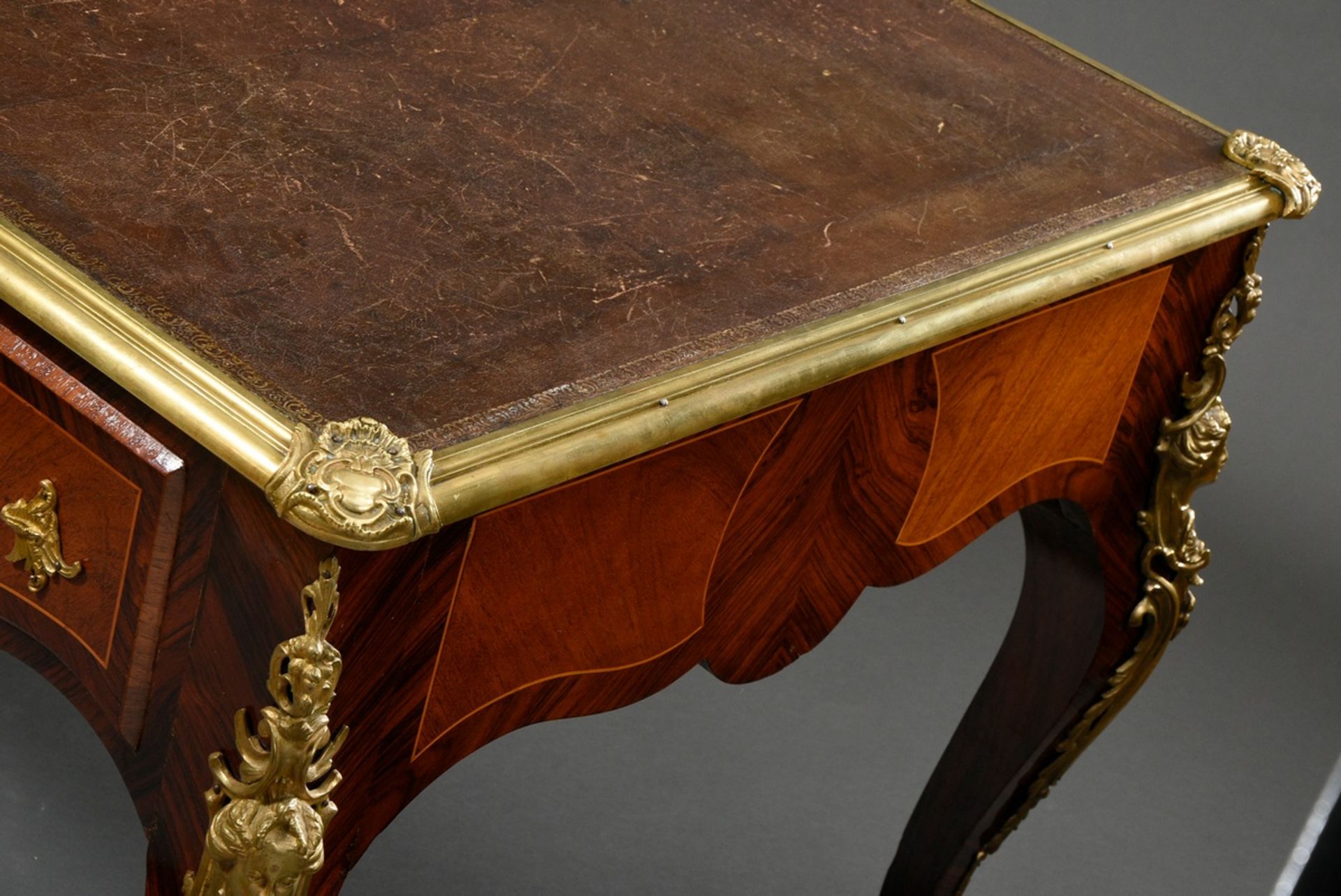 French bureau plat in Louis XV style on high curved legs with rich bronze fittings "busts of women" - Image 10 of 10