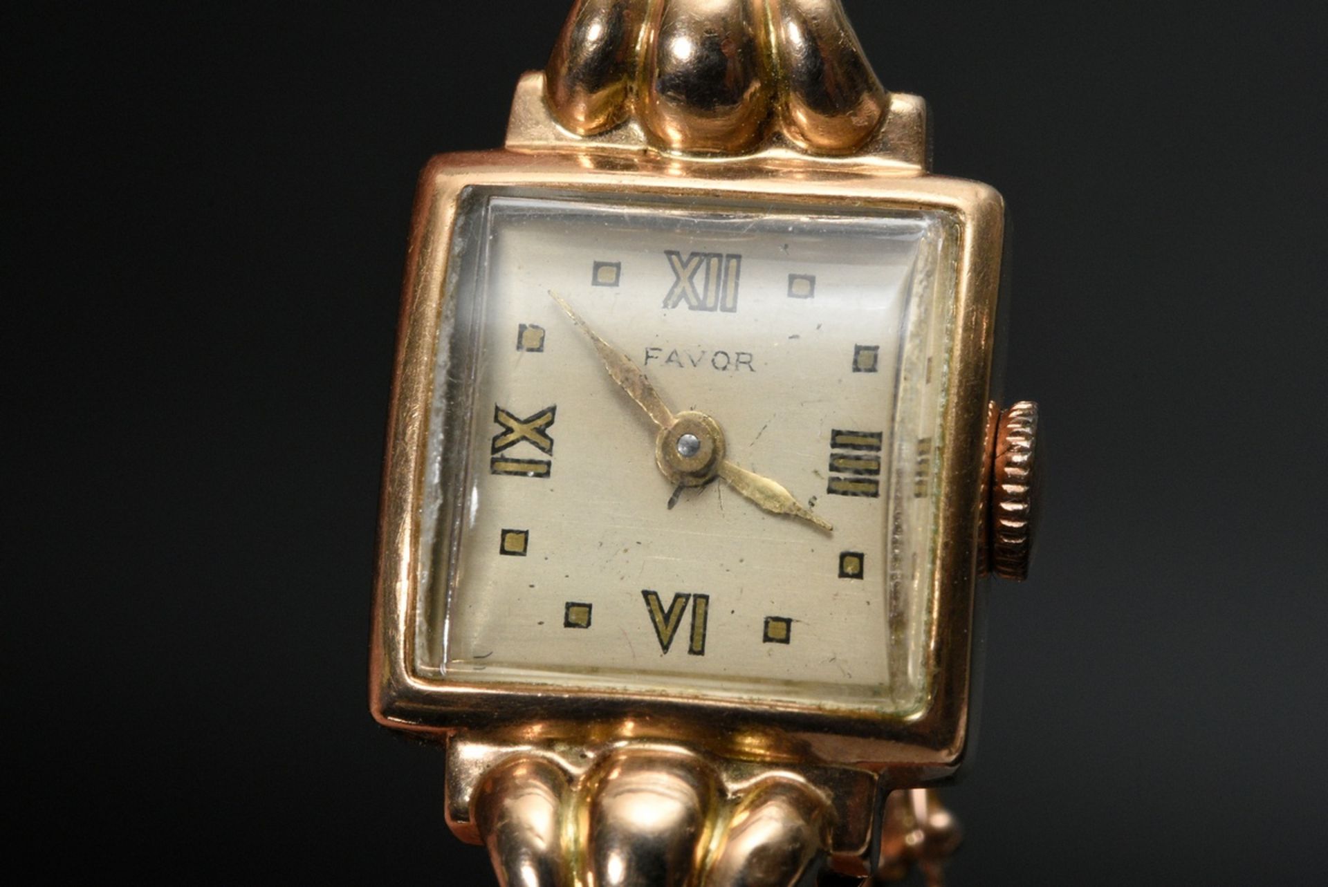 Favor Rotgold 585 Damenarmbanduhr, Handaufzug, um 1930, 18,8g, L. 16,5cm, gangbar (keine Garantie a - Bild 4 aus 4