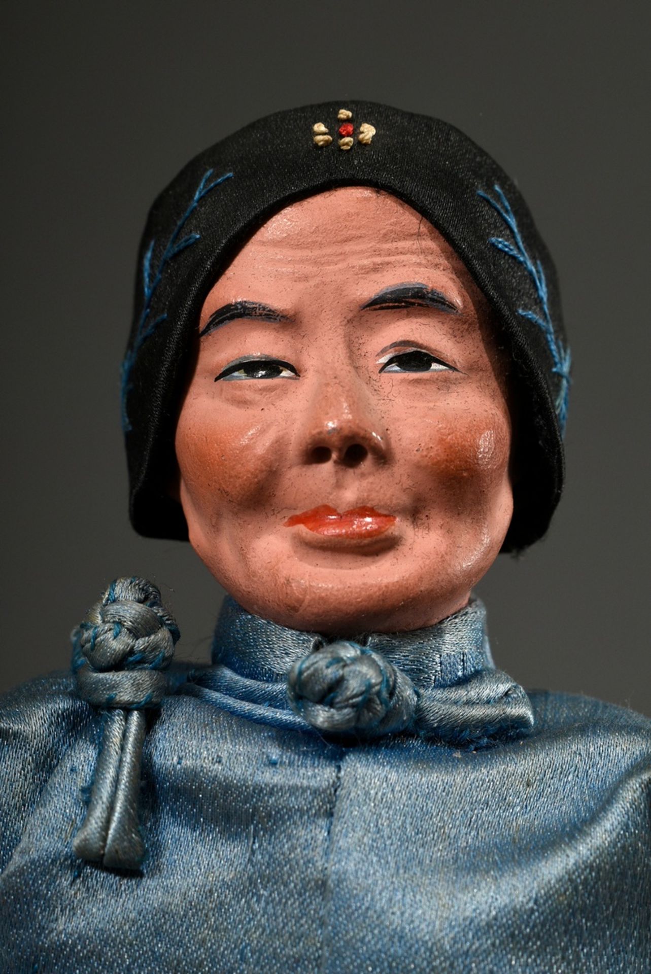 3 Chinese dolls "Mandarin, old man and old woman", cloth body with painted mass heads and partly re - Image 2 of 6