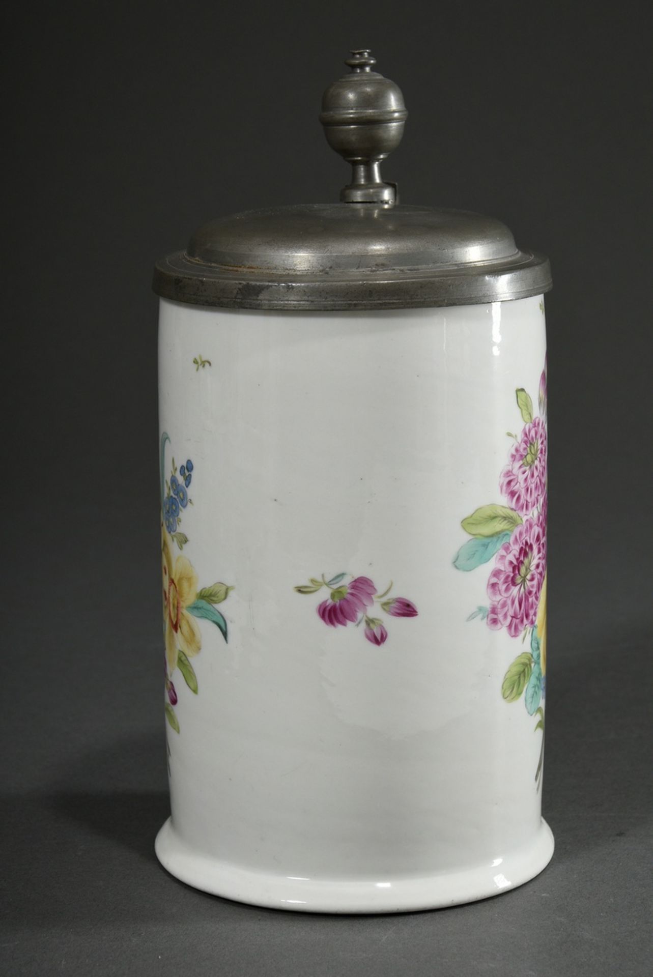 Wallendorf cylindrical roller jug with ear handle and polychrome painting "flower bouquets", pewter - Image 3 of 8