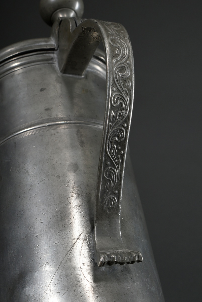 Tall pewter lidded tankard with floral engraved decoration and owner's inscription "Asmus Hinrich M - Image 3 of 8
