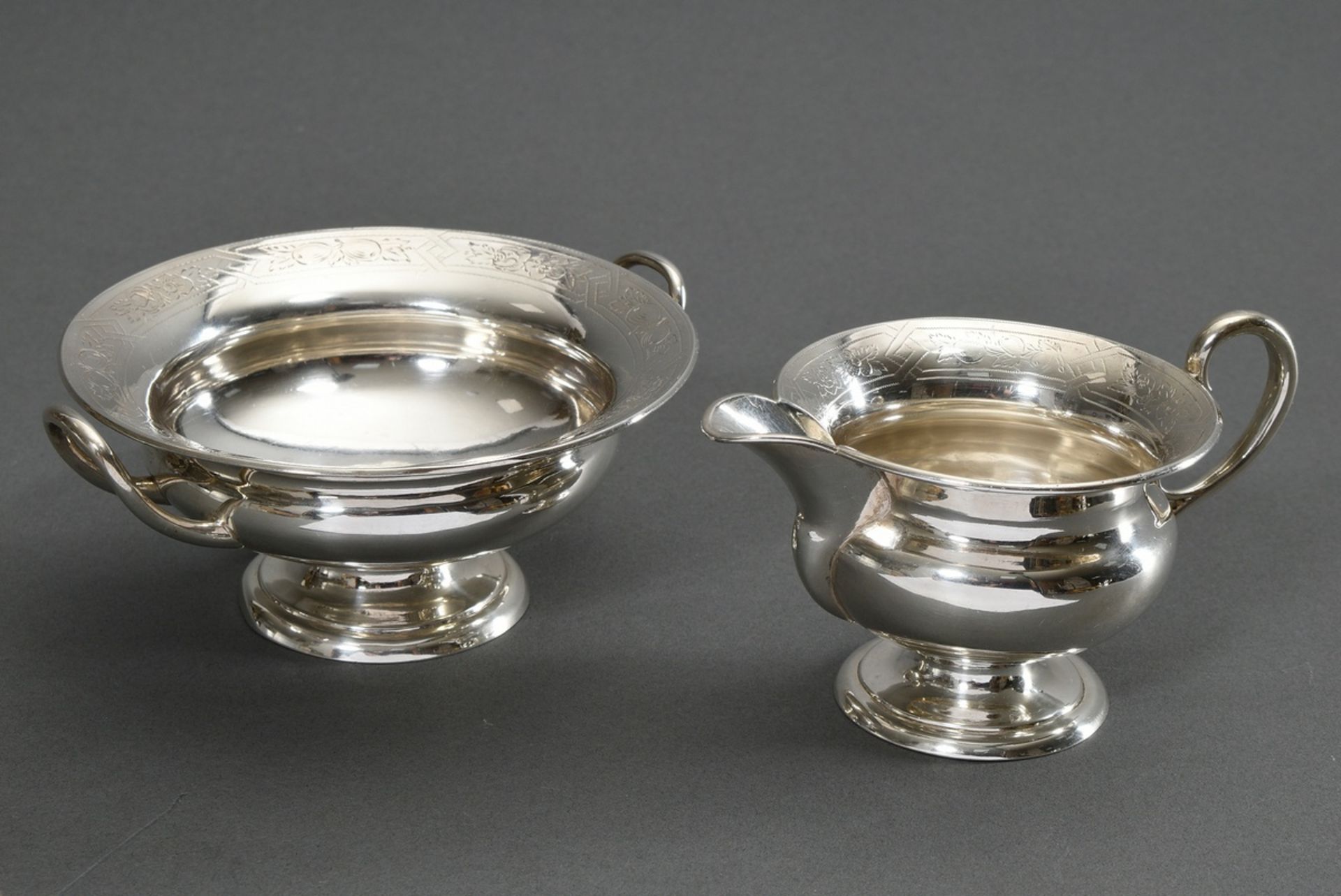 2 Piece Danish sugar and cream set in antique form with engraved border, MM: AJV, Copenhagen 1869,  - Image 2 of 4