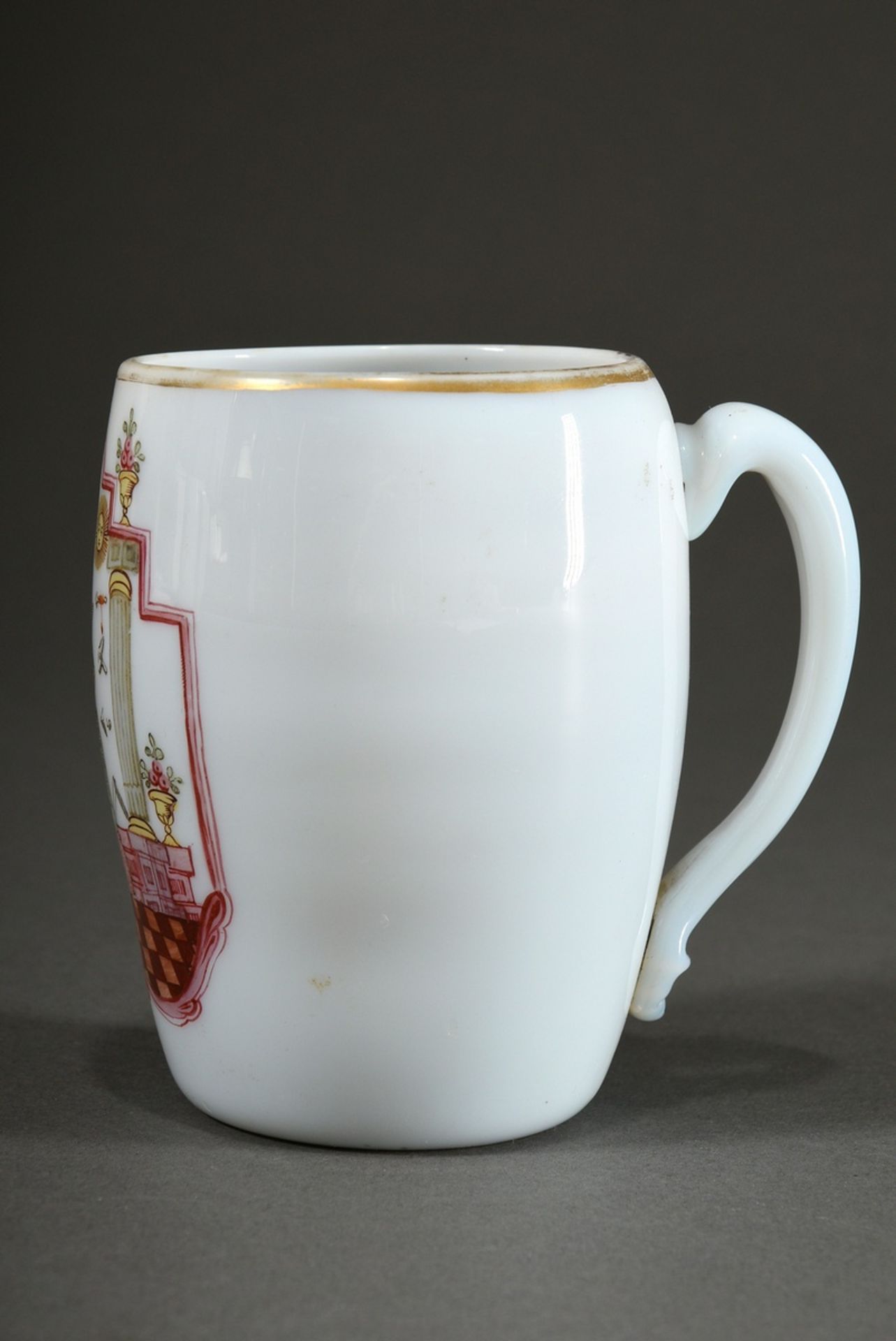 Freemason milk glass handle cup with coloured enamel painting in cartouches, barrel-shaped wall, ri - Image 2 of 5