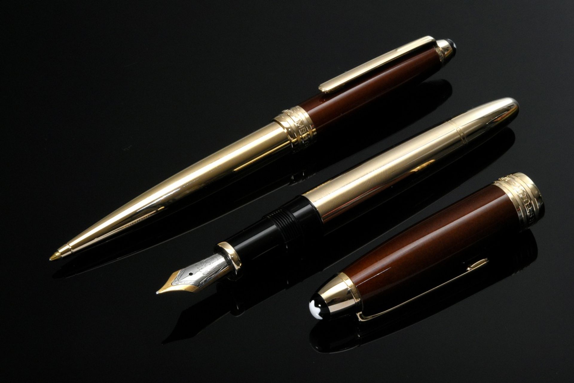 2 Pieces Montblanc fountain pen and biros: "Meisterstück Solitaire Citrine", stainless steel gold p