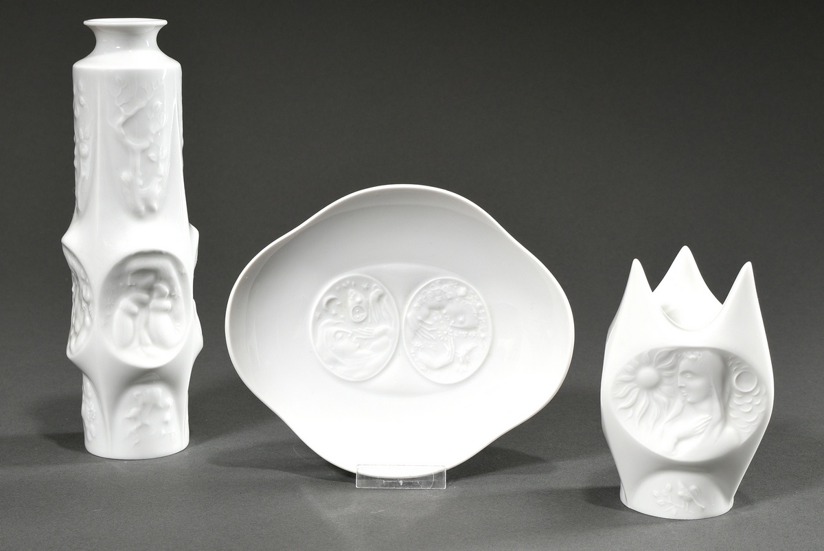 3 Various pieces of modern Meissen white porcelain with figural reliefs by Jörg Danielzcyk (* 1952)