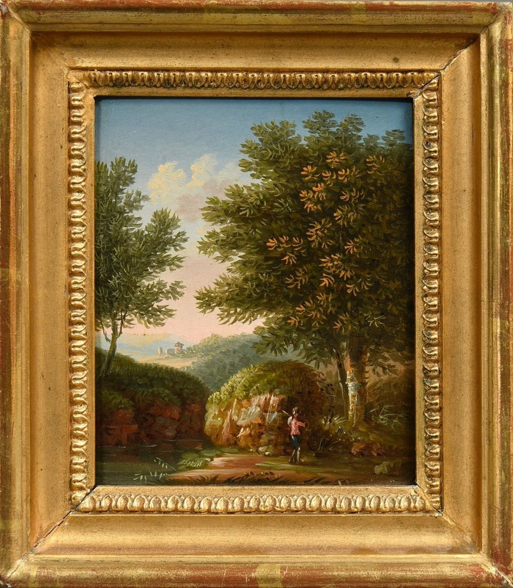 Unbekannter Künstler des 19.Jh. „Sommerliche Landschaft mit Personenstaffage“, Öl/Holz, in zeitgenö - Bild 2 aus 4