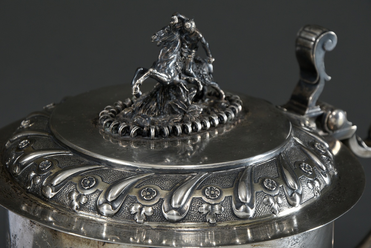 Large Historicist lidded tankard after a Baroque model with ornamentally chased friezes and foot as - Image 6 of 12