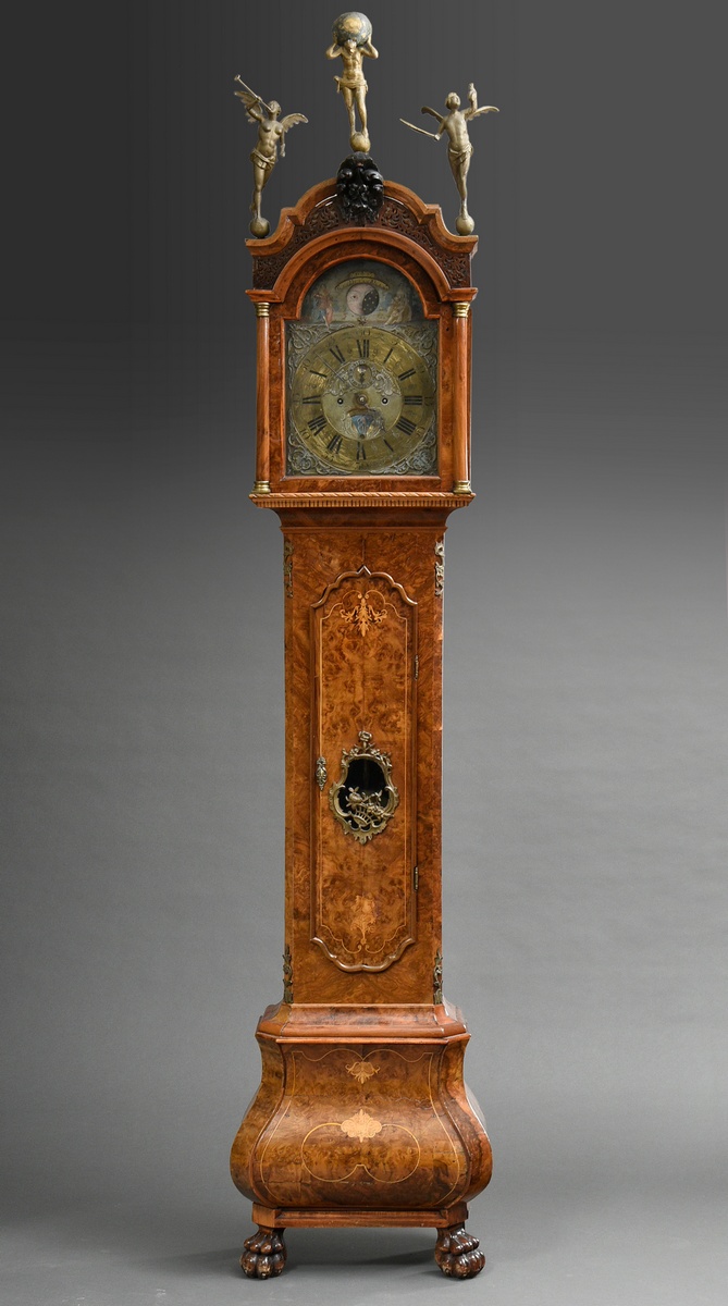 Amsterdam baroque grandfather clock by Jan Storm (mentioned 1717), brass dial with blackened Roman