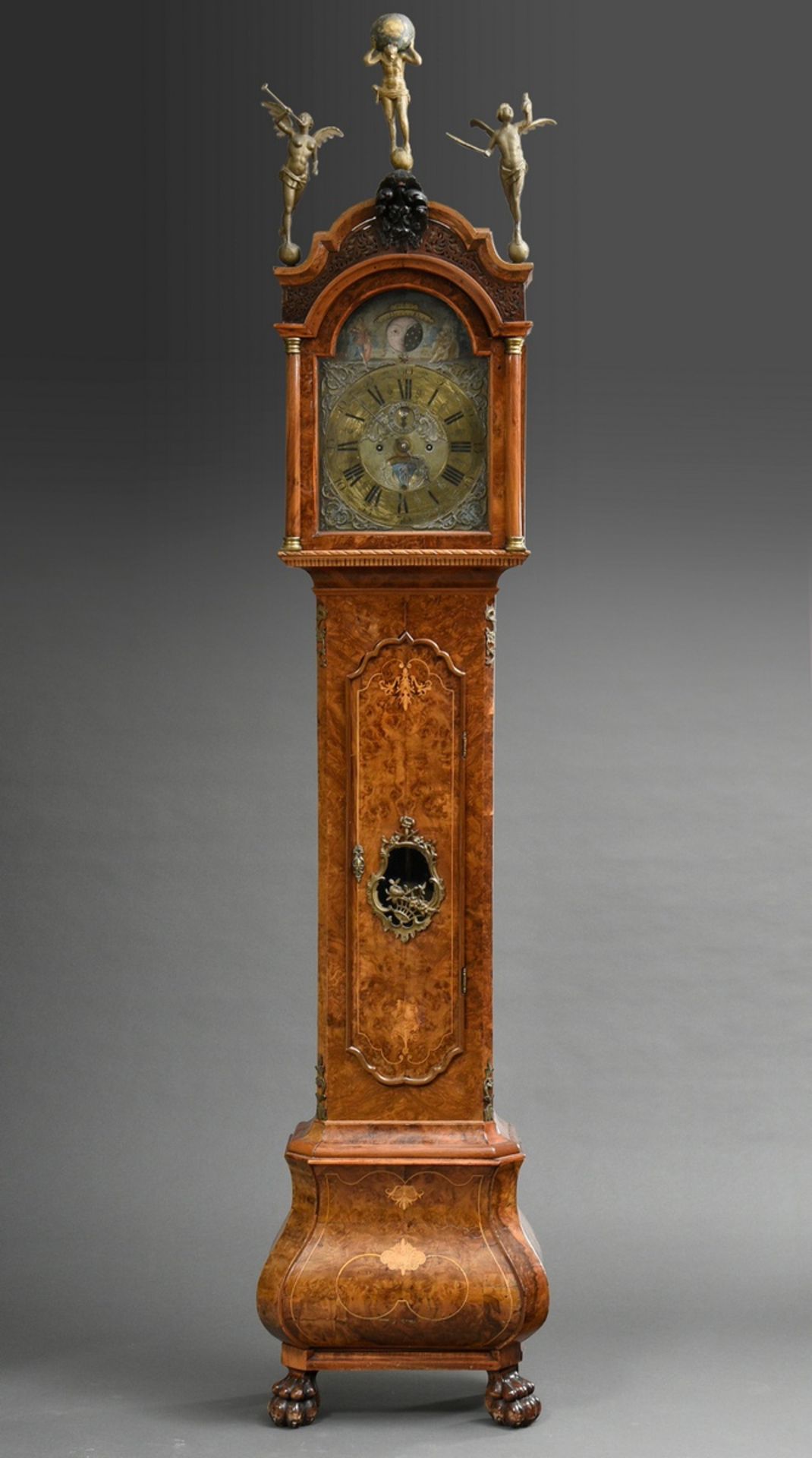 Amsterdam baroque grandfather clock by Jan Storm (mentioned 1717), brass dial with blackened Roman