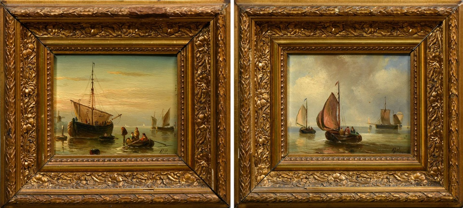 Pair of marine paintings "Dutch fishermen", oil/wood, 19th c., illegibly sign. on lower right, each